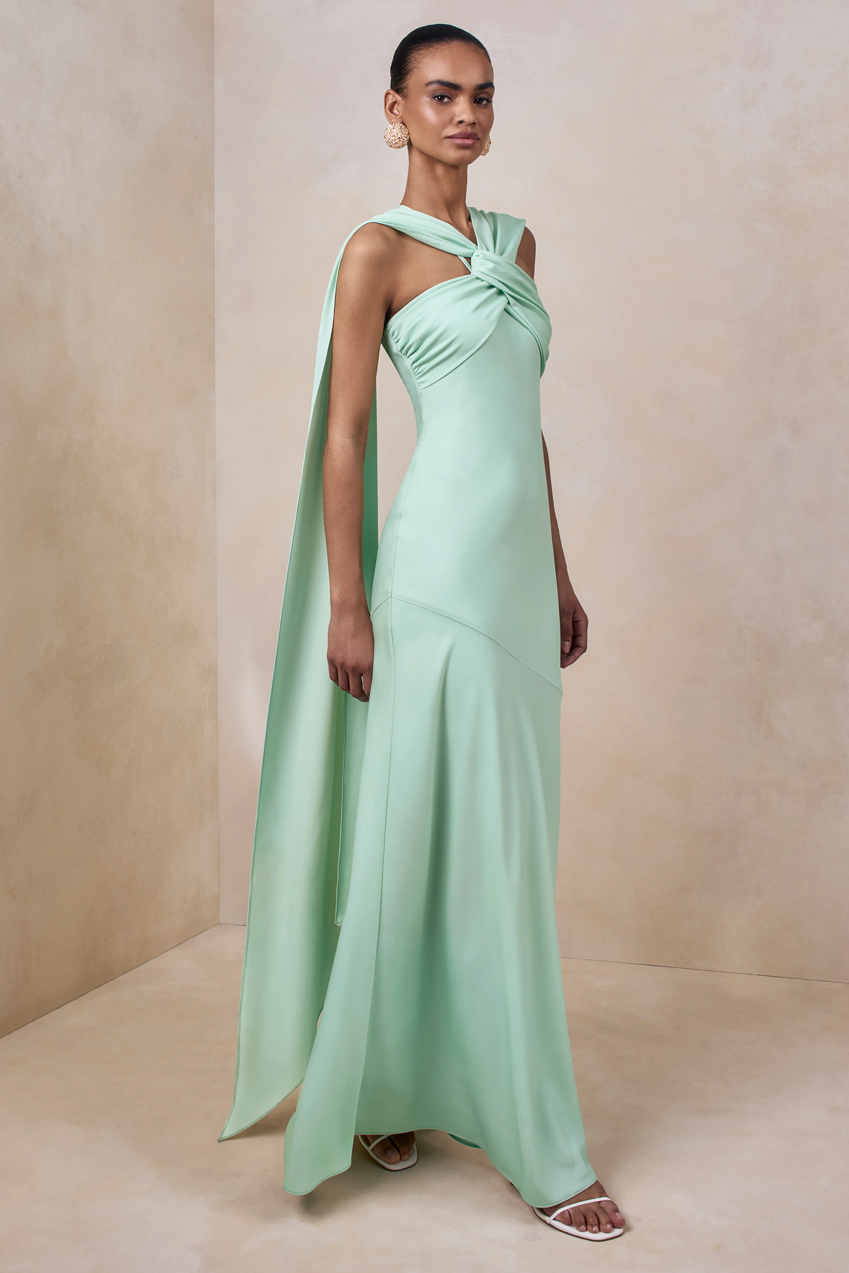 Sloane | Mint Matte Satin Halter-Neck Maxi Dress With Cape - Image 6