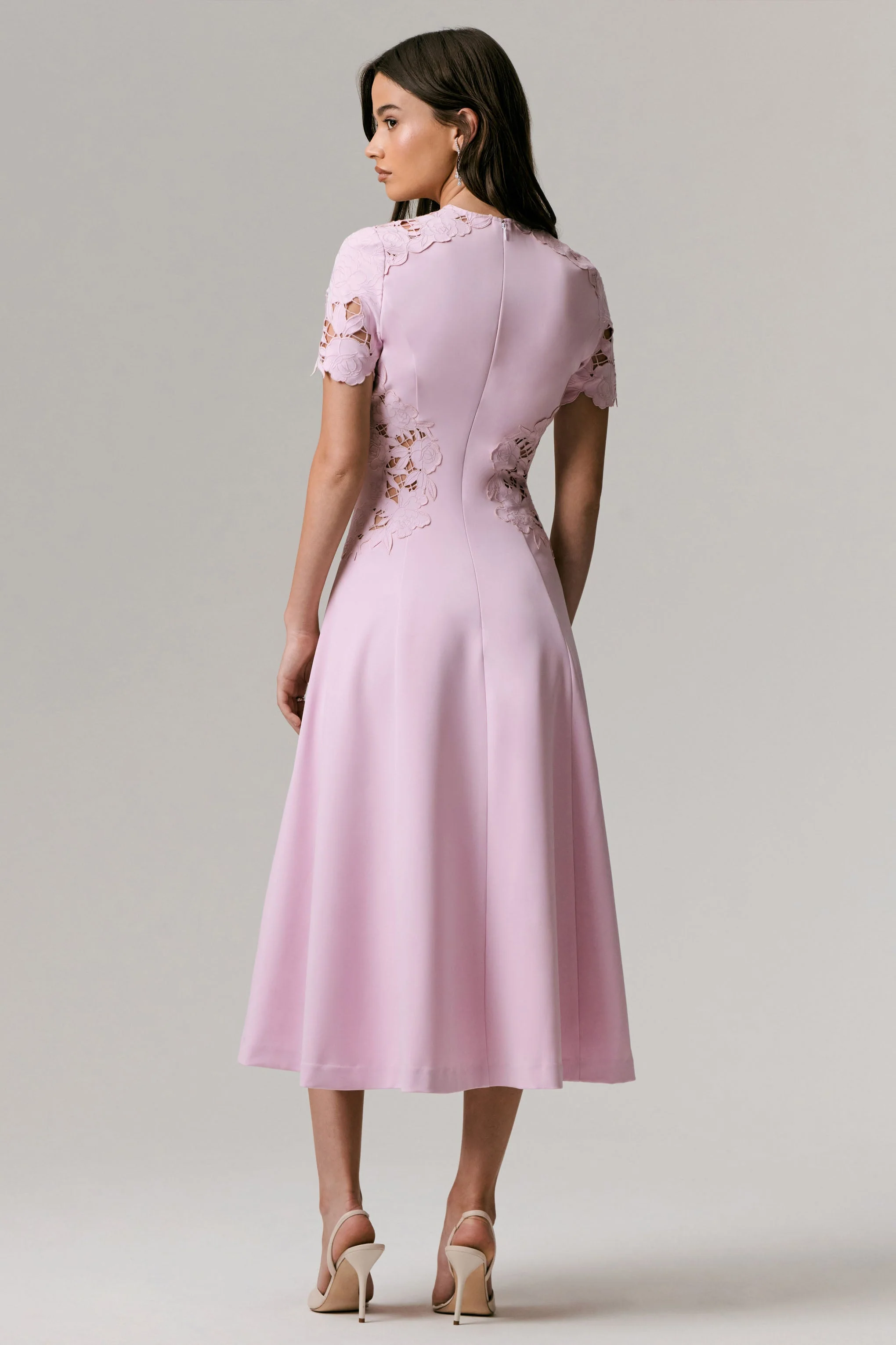 So Sweet | Pink Crew-Neck Midi Dress With Cut-Out Embroidered Detailing - Image 4