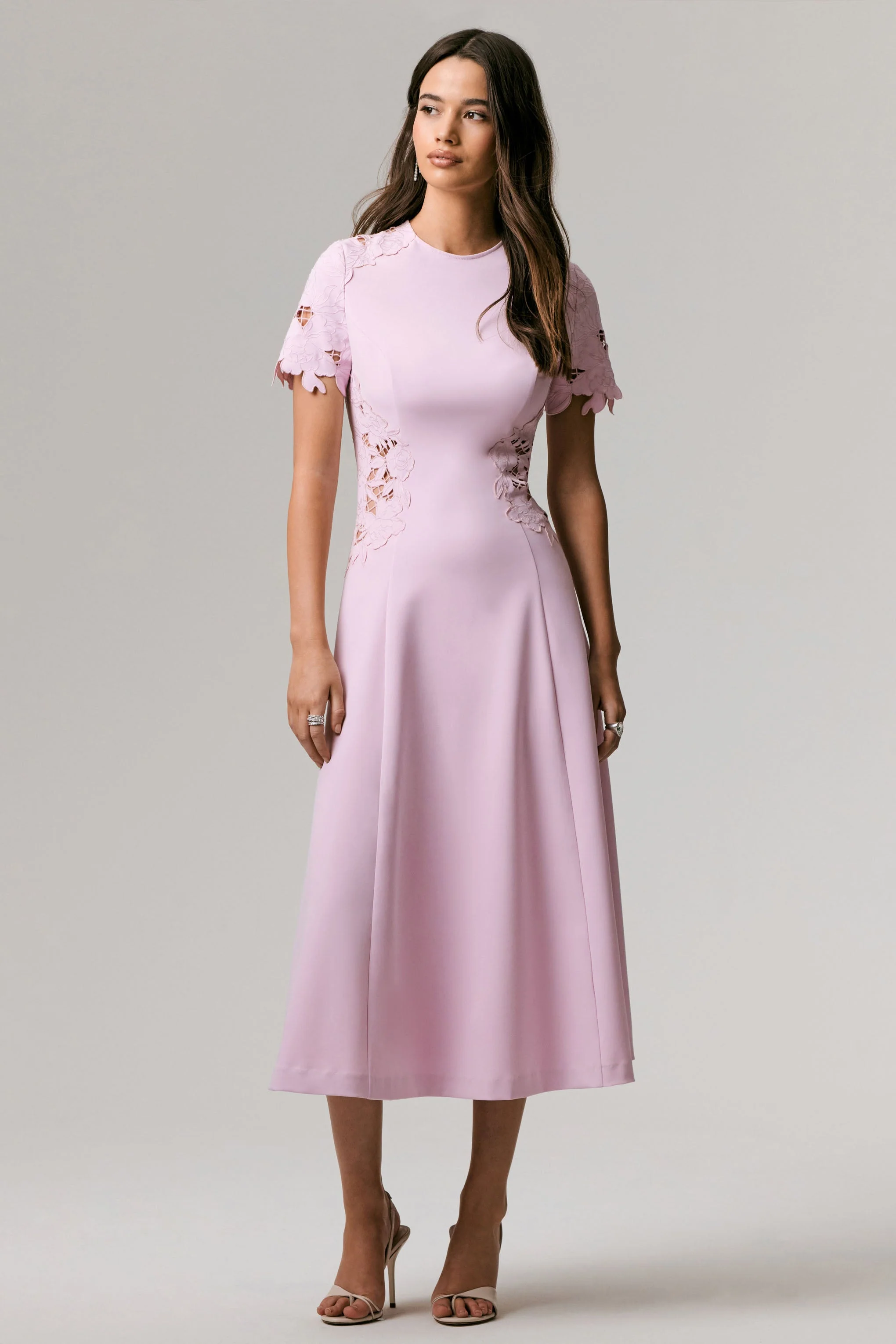 So Sweet | Pink Crew-Neck Midi Dress With Cut-Out Embroidered Detailing - Image 5