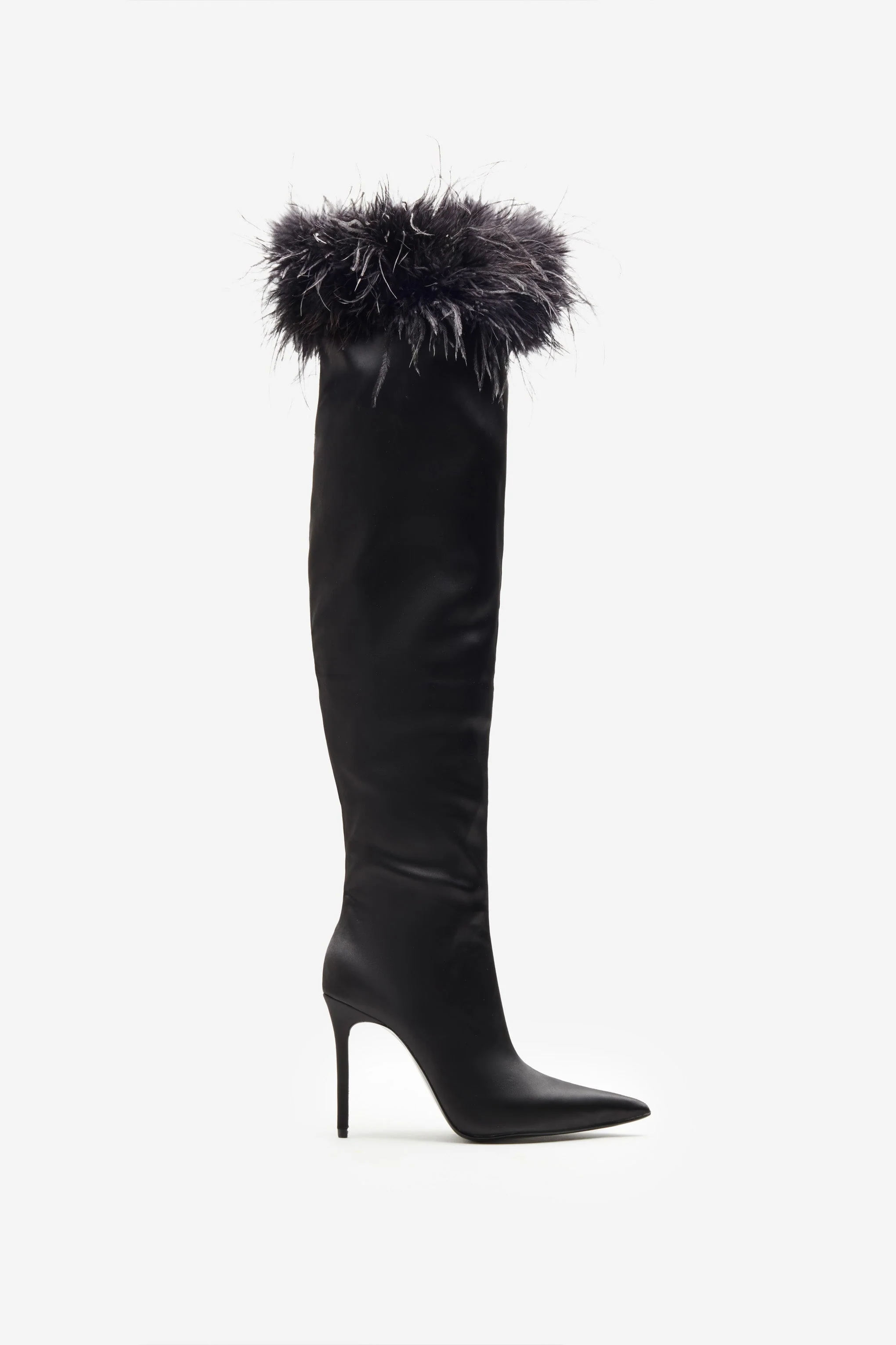 Soho | Black Satin Pointed Heeled Boots With Feather Trims - Image 2
