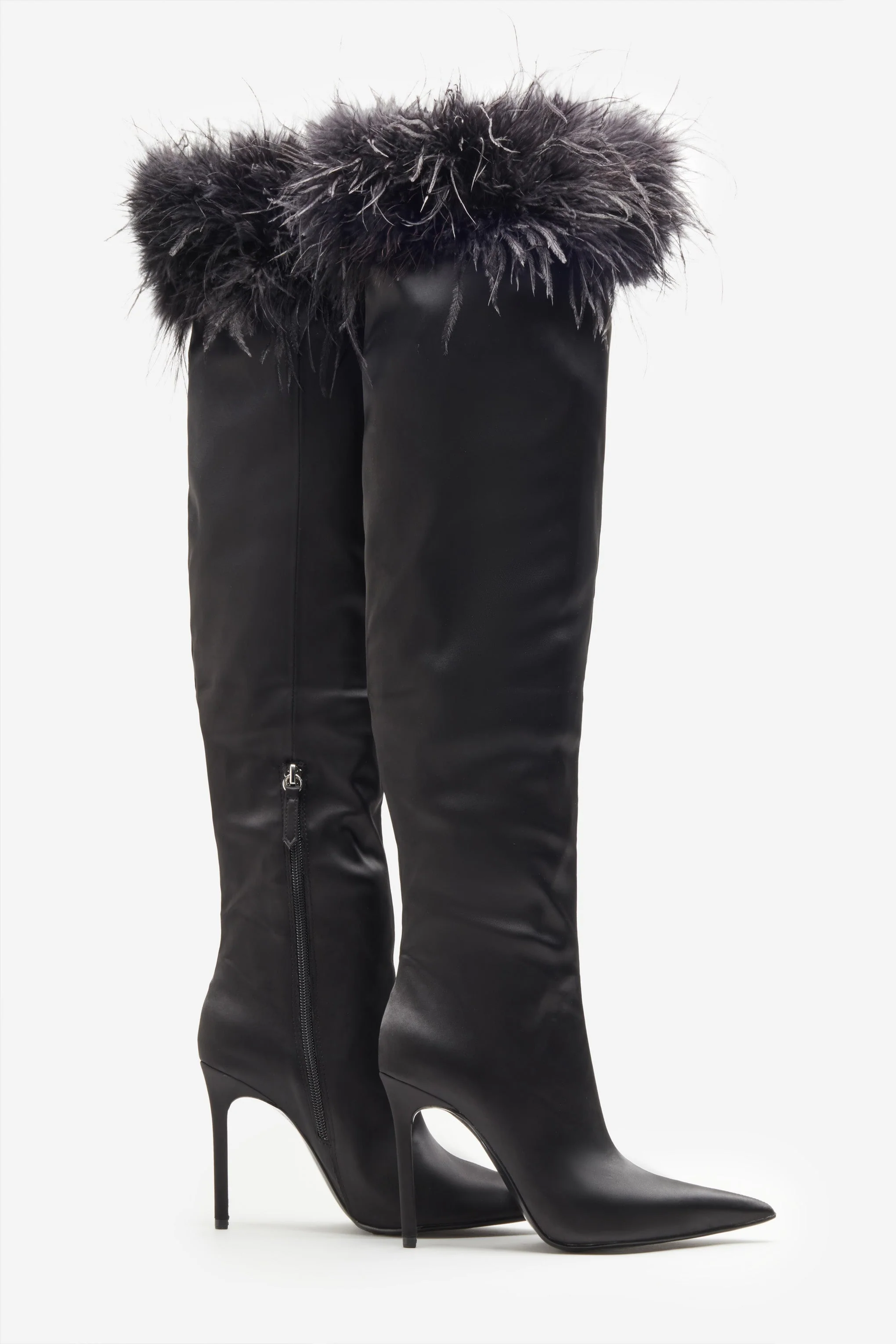 Soho | Black Satin Pointed Heeled Boots With Feather Trims - Image 3