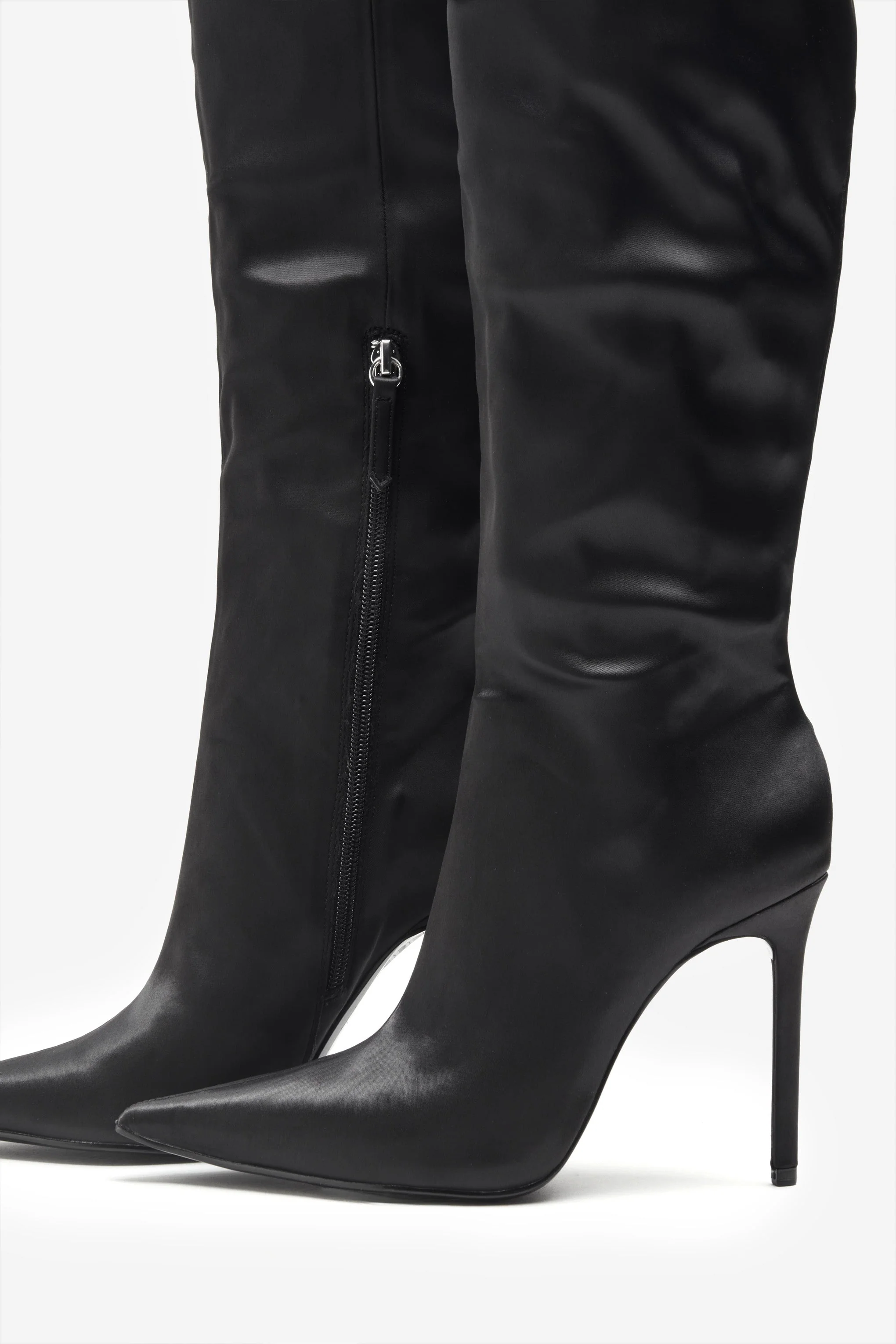 Soho | Black Satin Pointed Heeled Boots With Feather Trims - Image 5