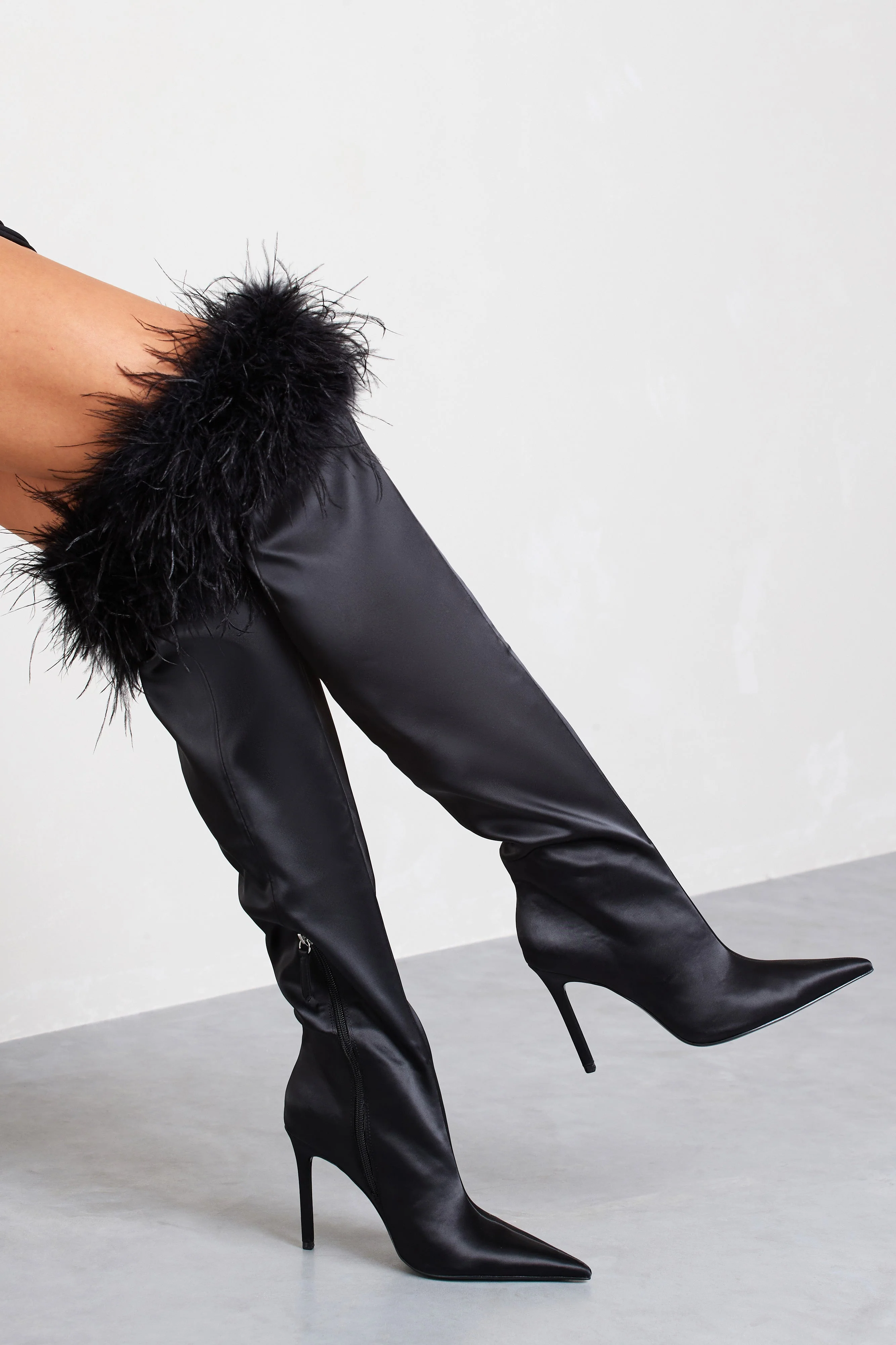 Soho | Black Satin Pointed Heeled Boots With Feather Trims - Image 6