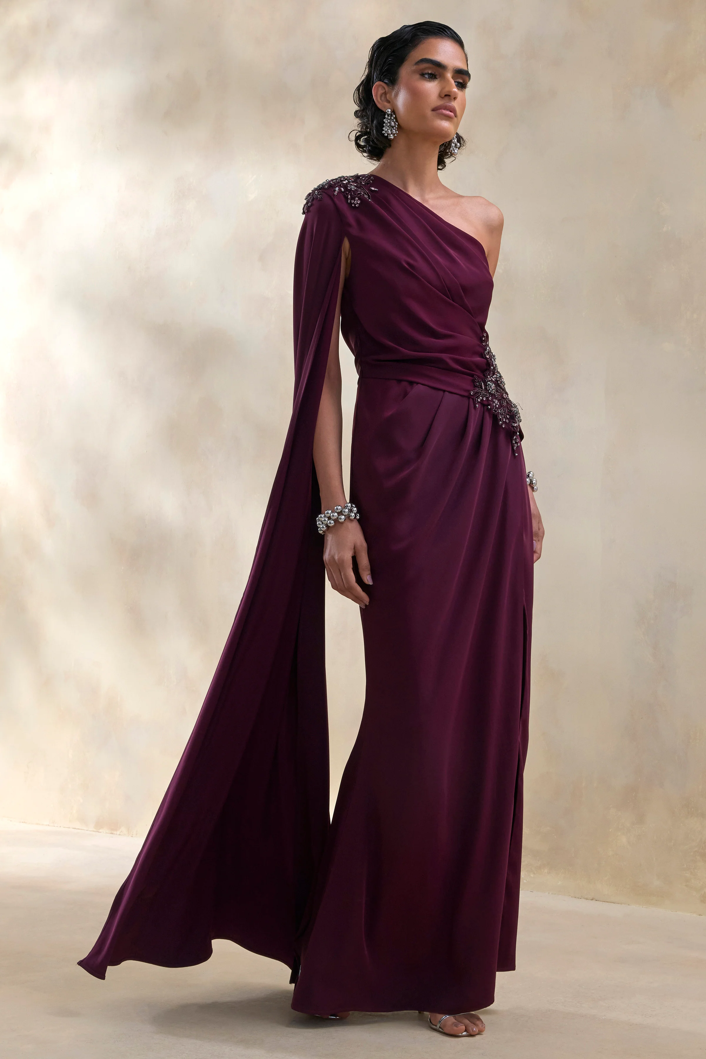 Solace | Dark Plum Asymmetric-Neck Maxi Dress With Front-High Split - Image 4