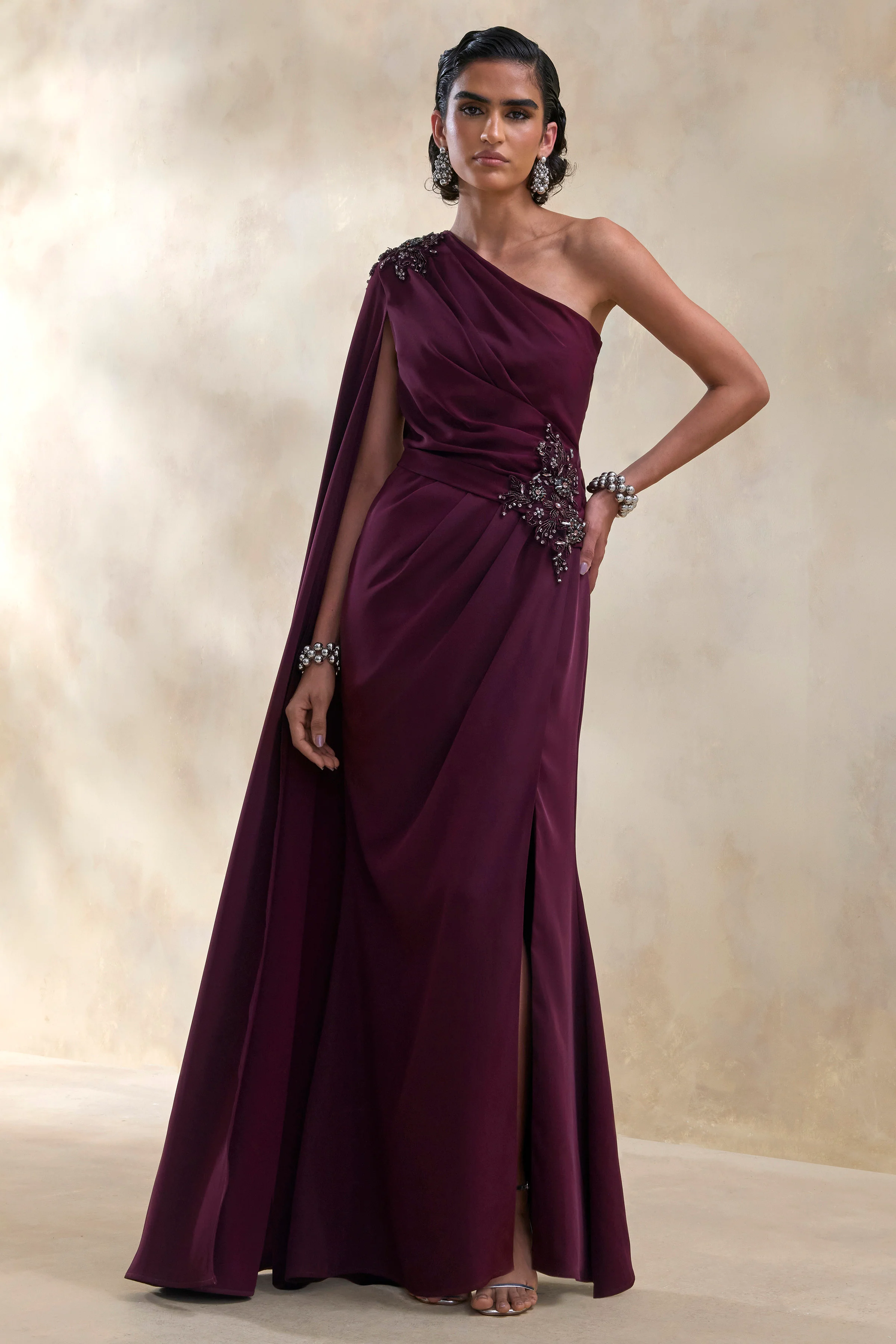 Solace | Dark Plum Asymmetric-Neck Maxi Dress With Front-High Split - Image 5