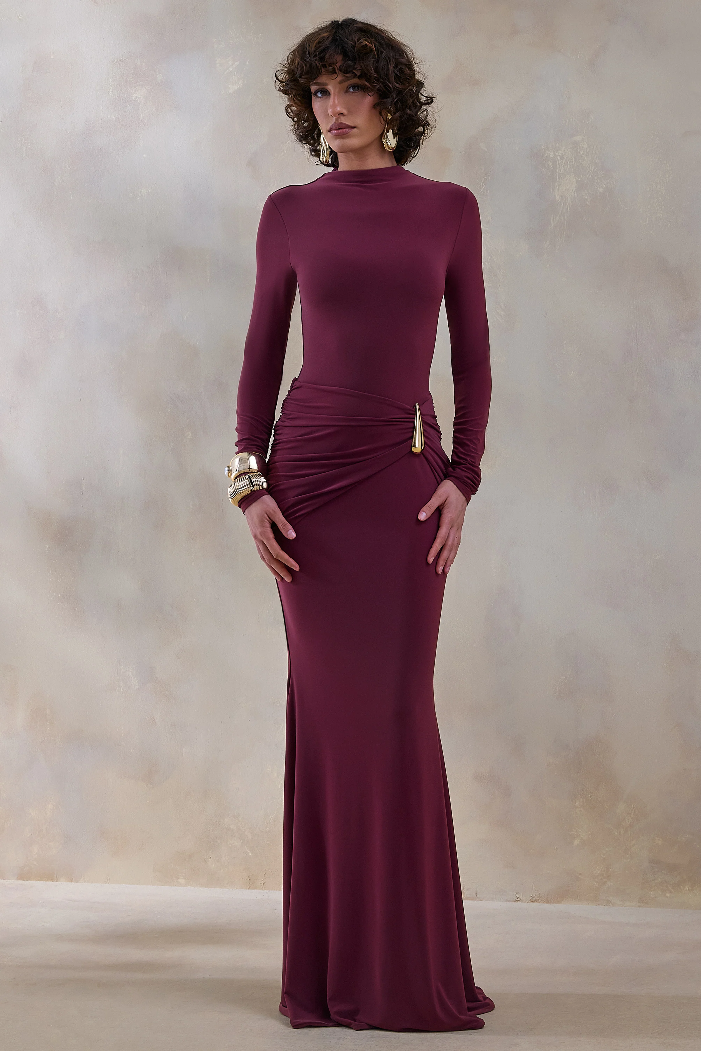 Solarium | Burgundy Long-Sleeve Maxi Dress With Gold Detail - Image 4
