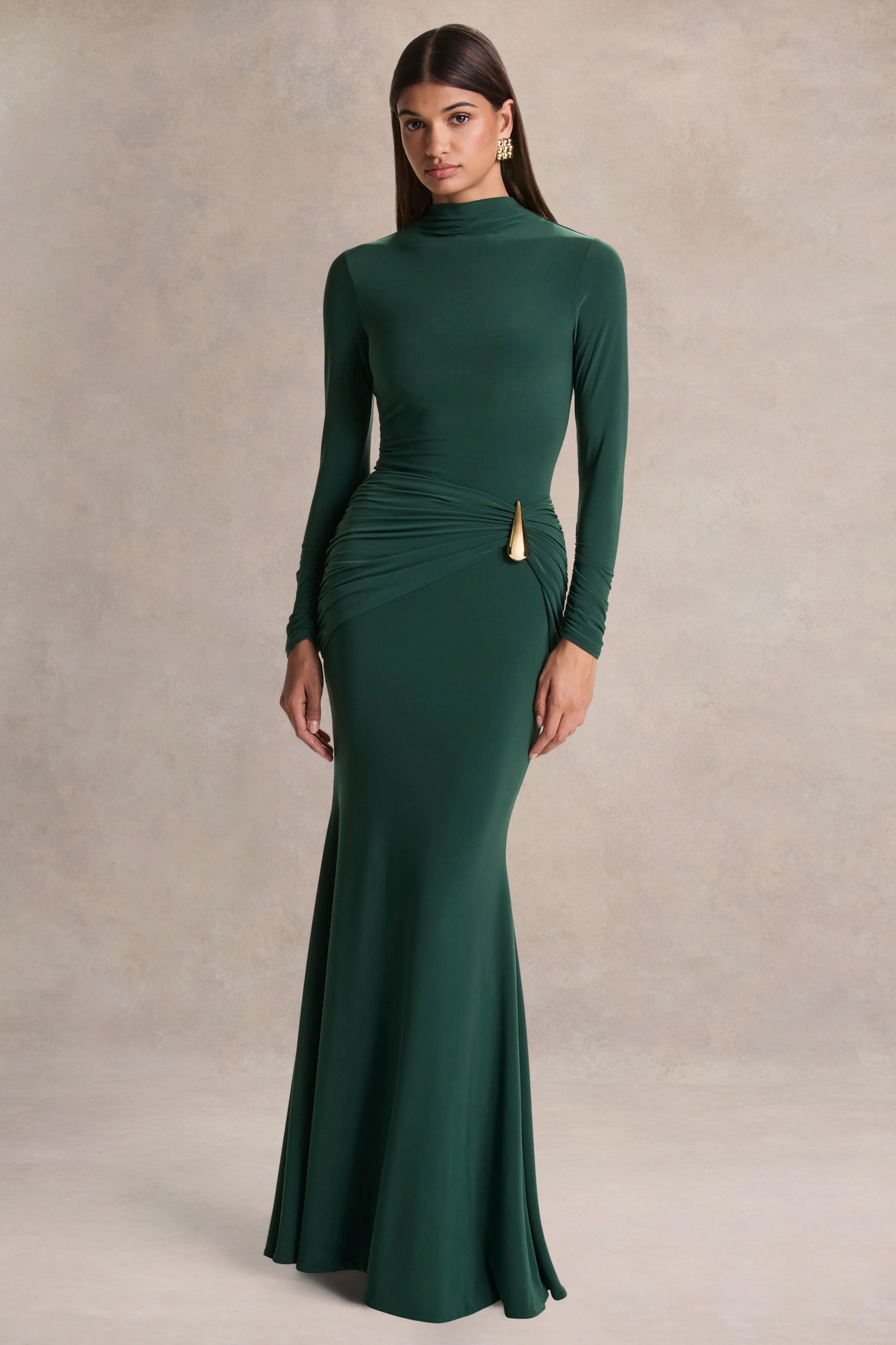 Solarium | Dark Green Long-Sleeve Maxi Dress With Gold Detail - Image 5