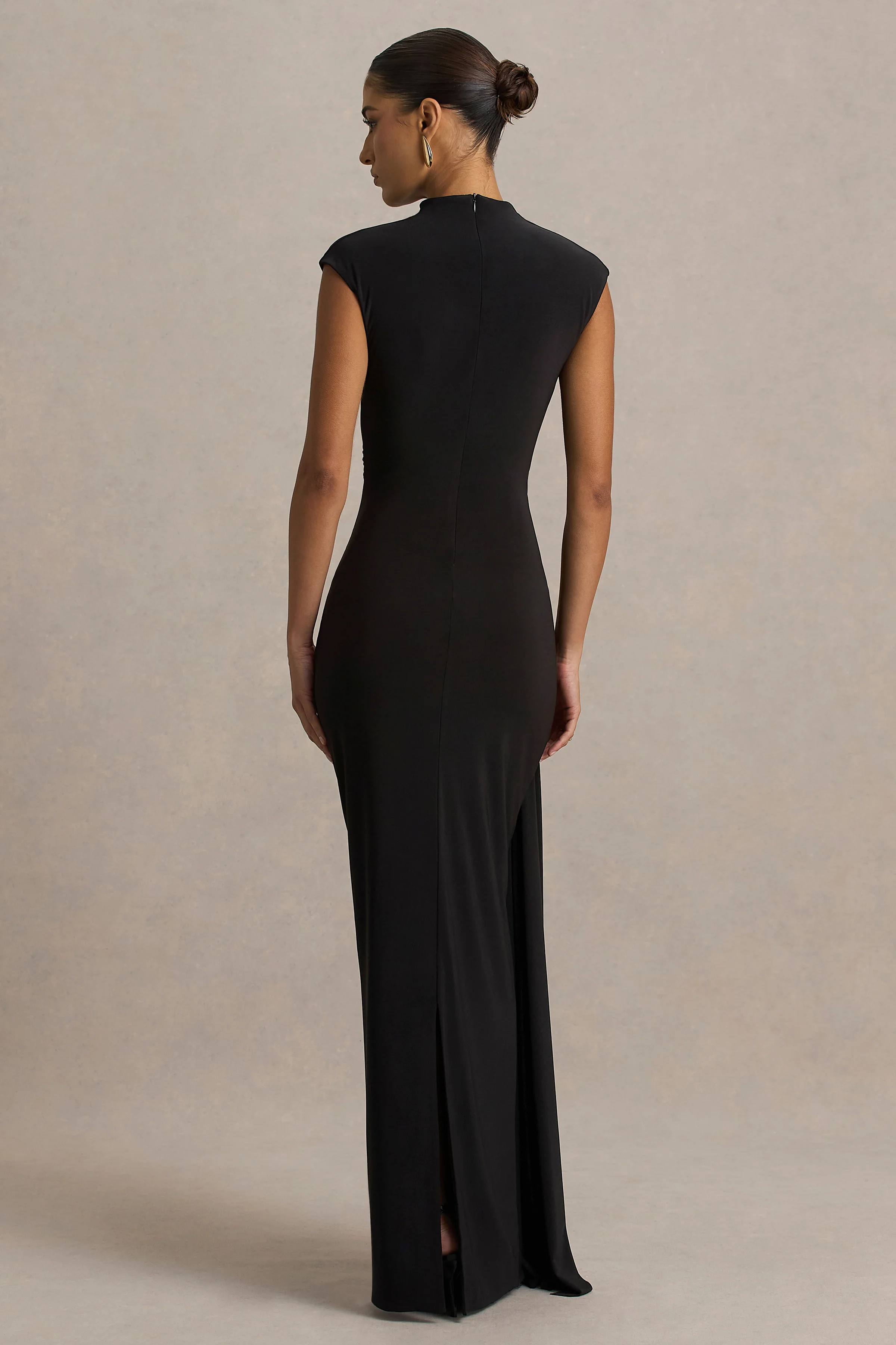 Solene | Black High-Neck Maxi Dress With Wrap And Drape Detail - Image 2