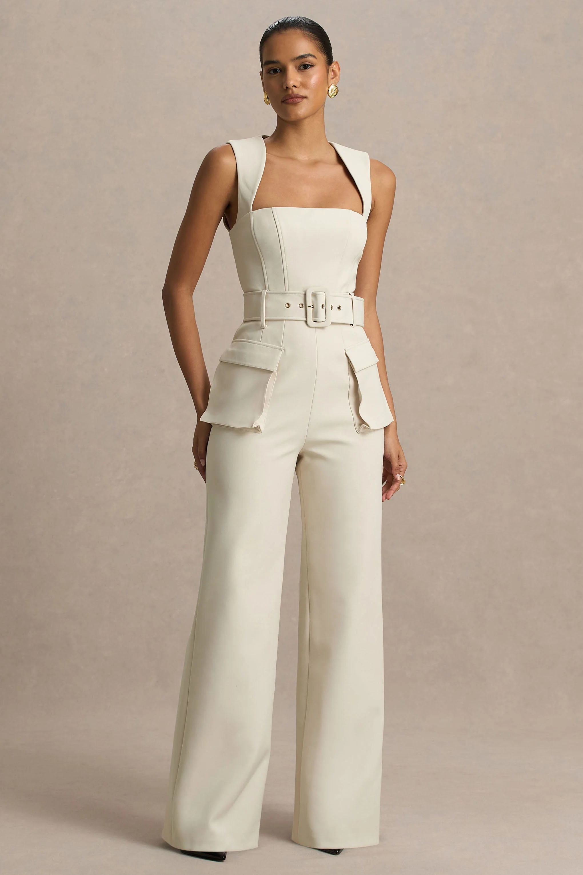 Solice | Cream Square-Neck Tailored Jumpsuit - Image 4