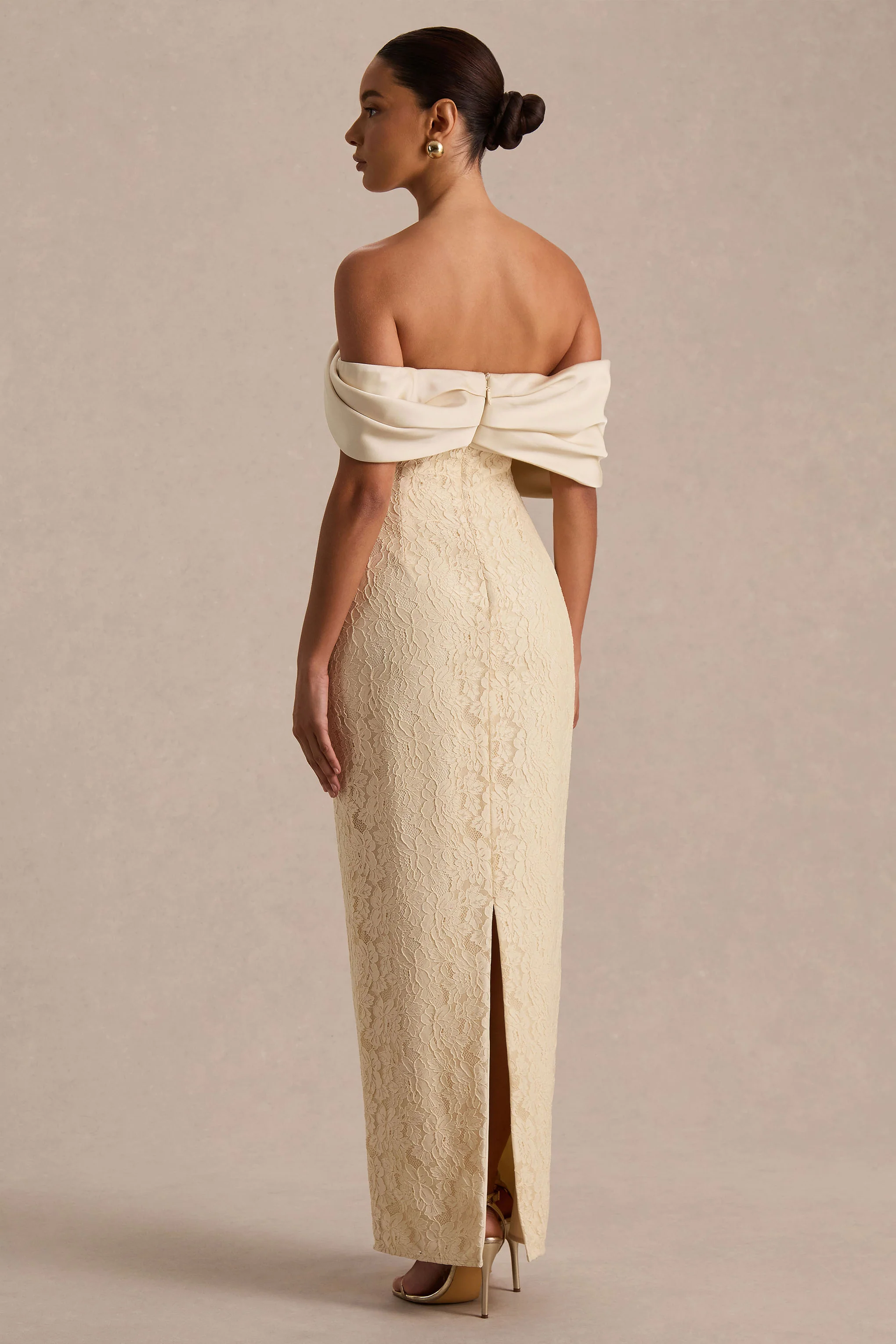 Solora | Cream Lace Twisted Bardot-Neck Maxi Dress - Image 2