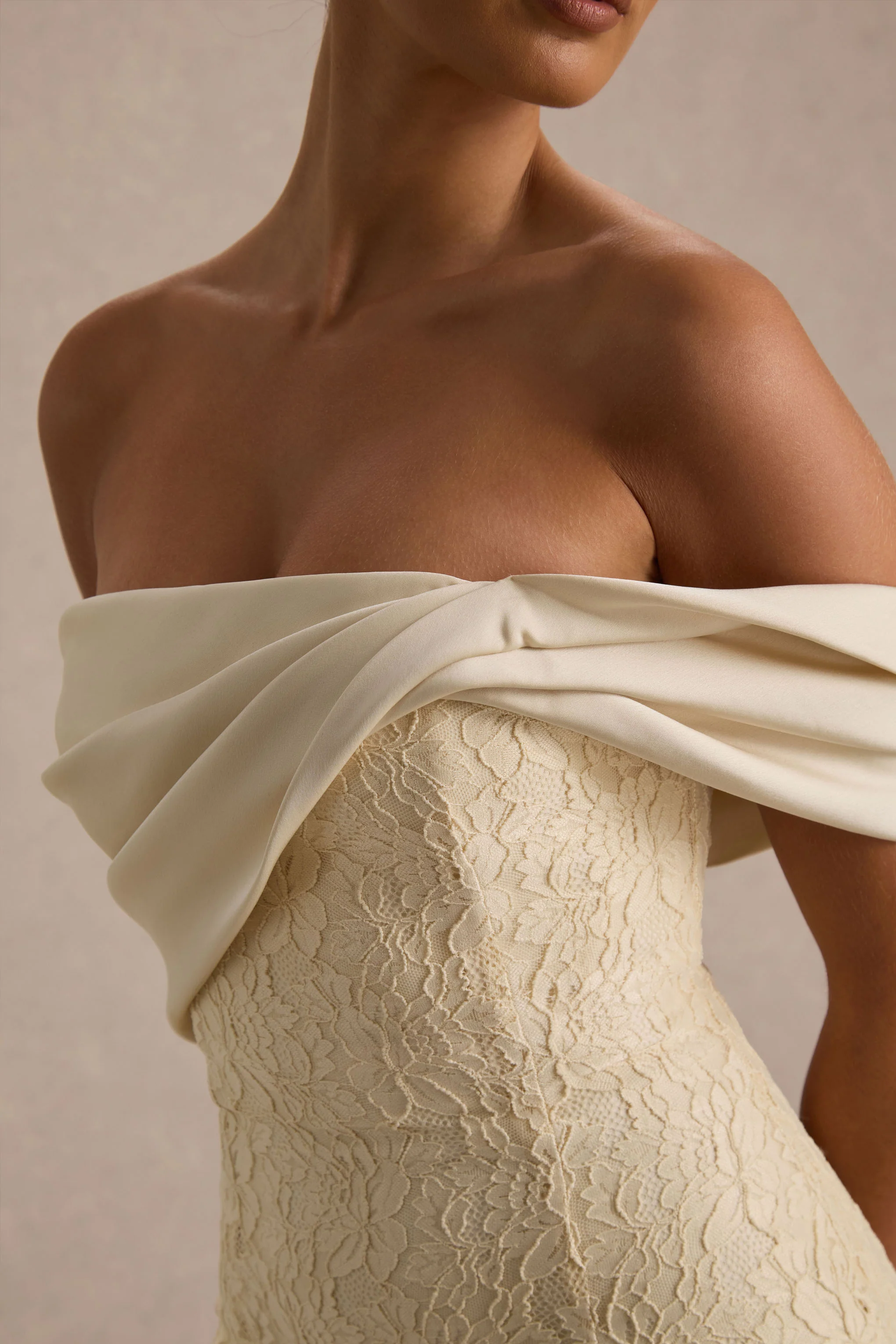Solora | Cream Lace Twisted Bardot-Neck Maxi Dress - Image 3