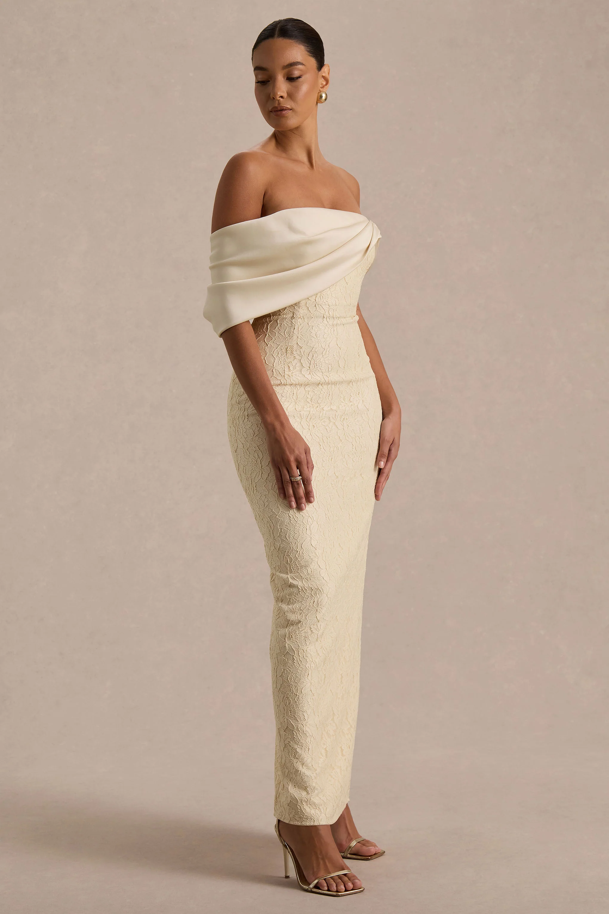 Solora | Cream Lace Twisted Bardot-Neck Maxi Dress - Image 5