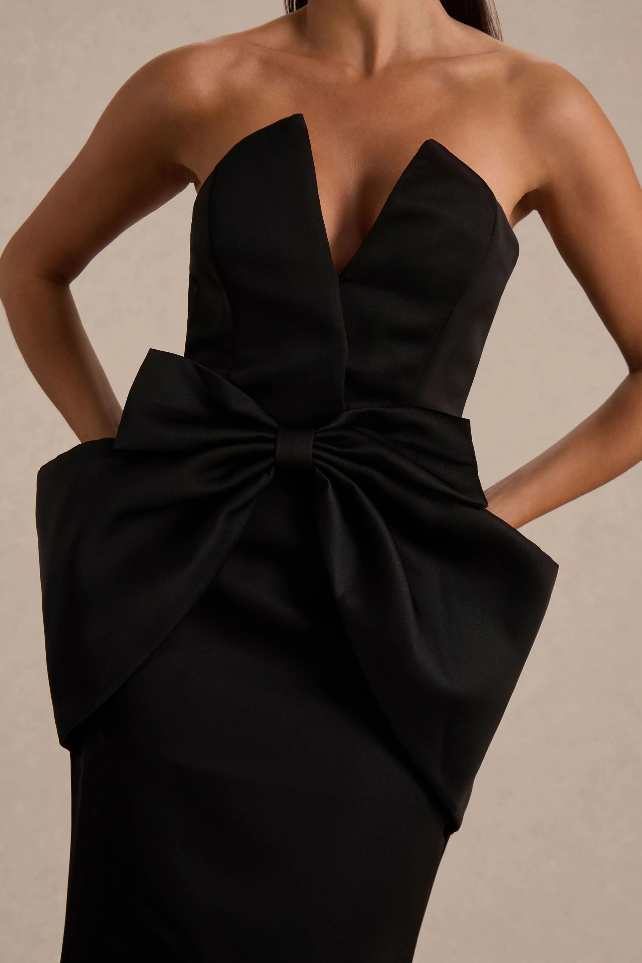 Sonata | Black Satin Bandeau Maxi Dress With Bow Detail - Image 5