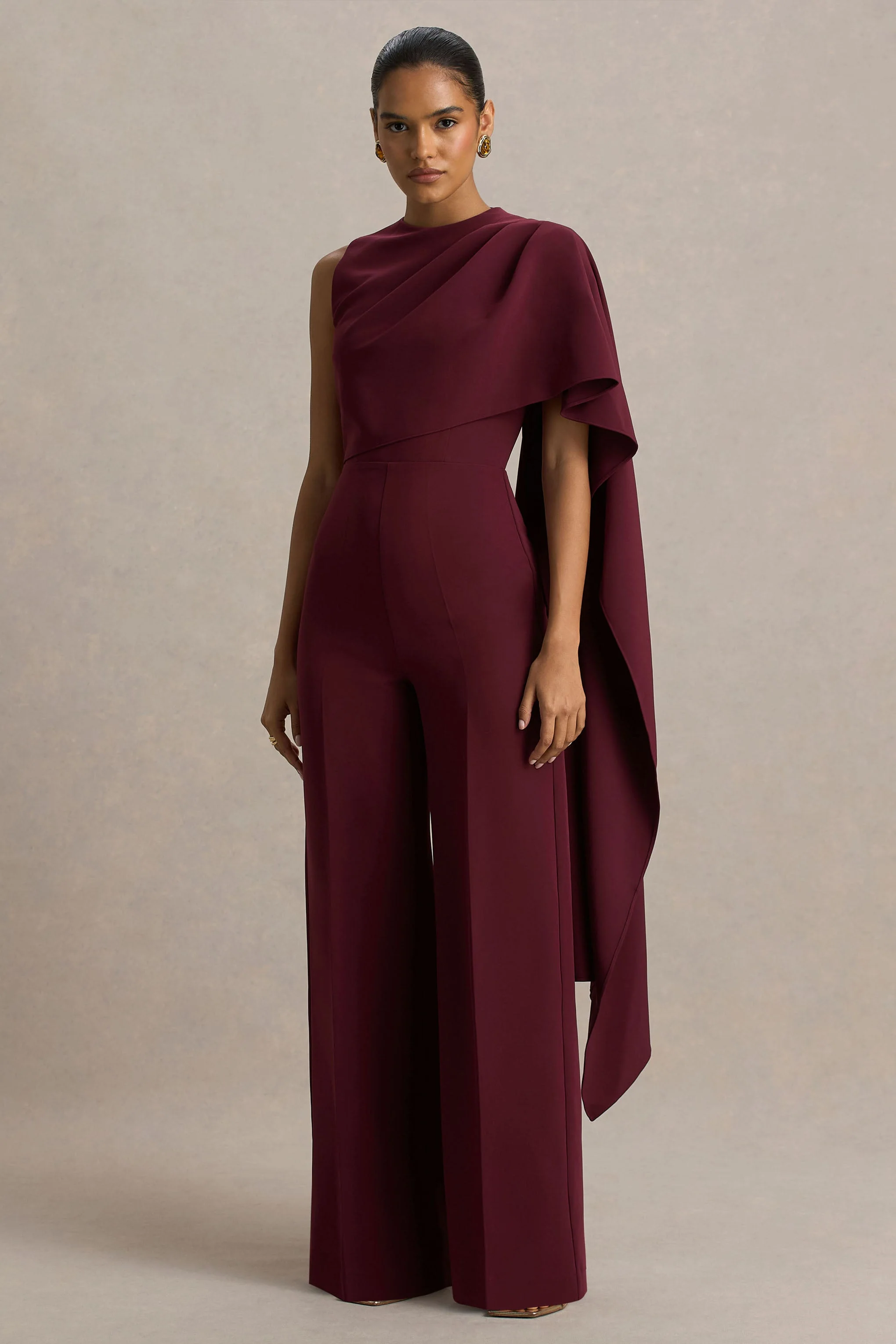 Sorenia | Burgundy High-Neck Jumpsuit With One-Cape Sleeve - Image 5