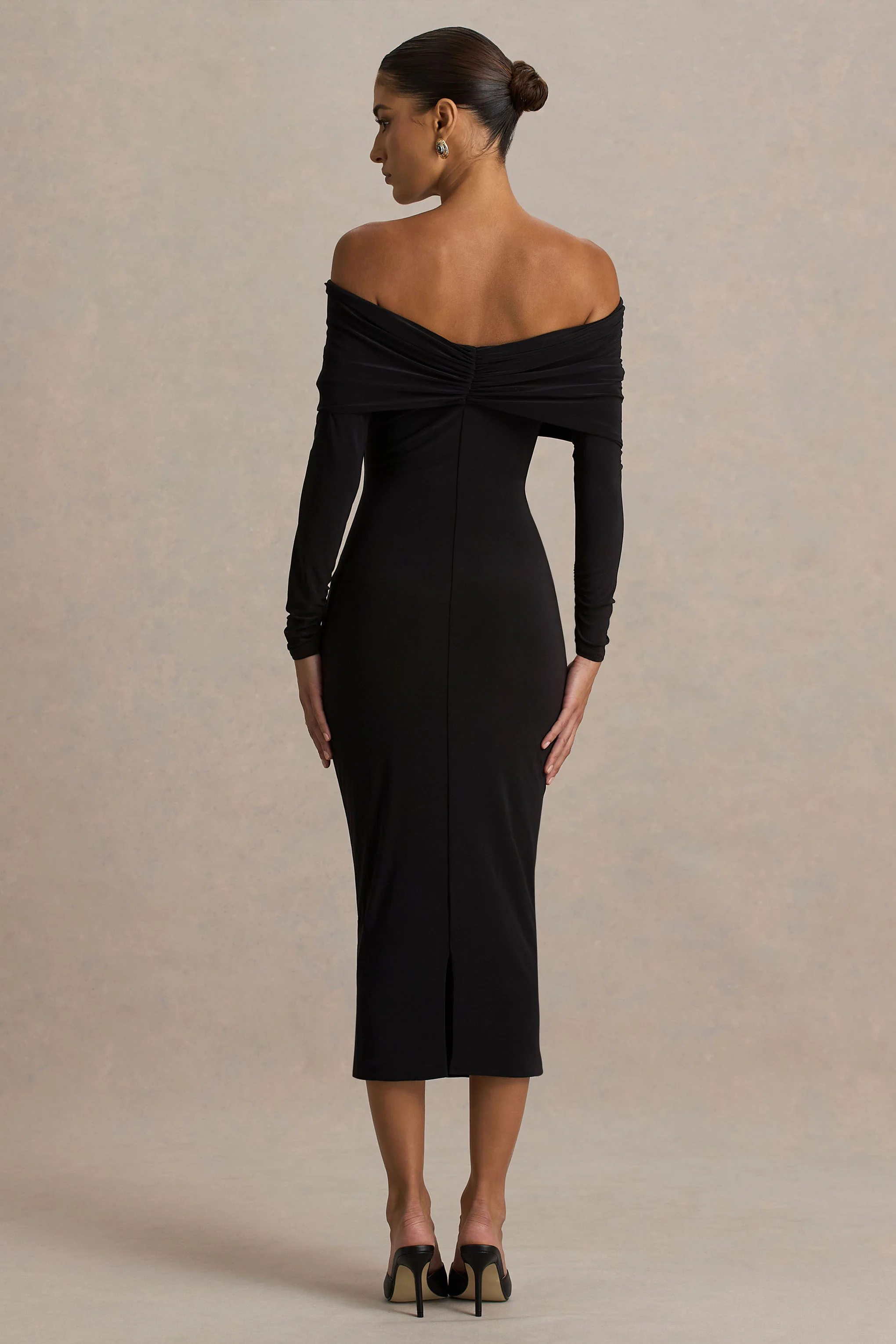 Spark | Black Bardot-Neck Midi Dress With Bow Detail - Image 2