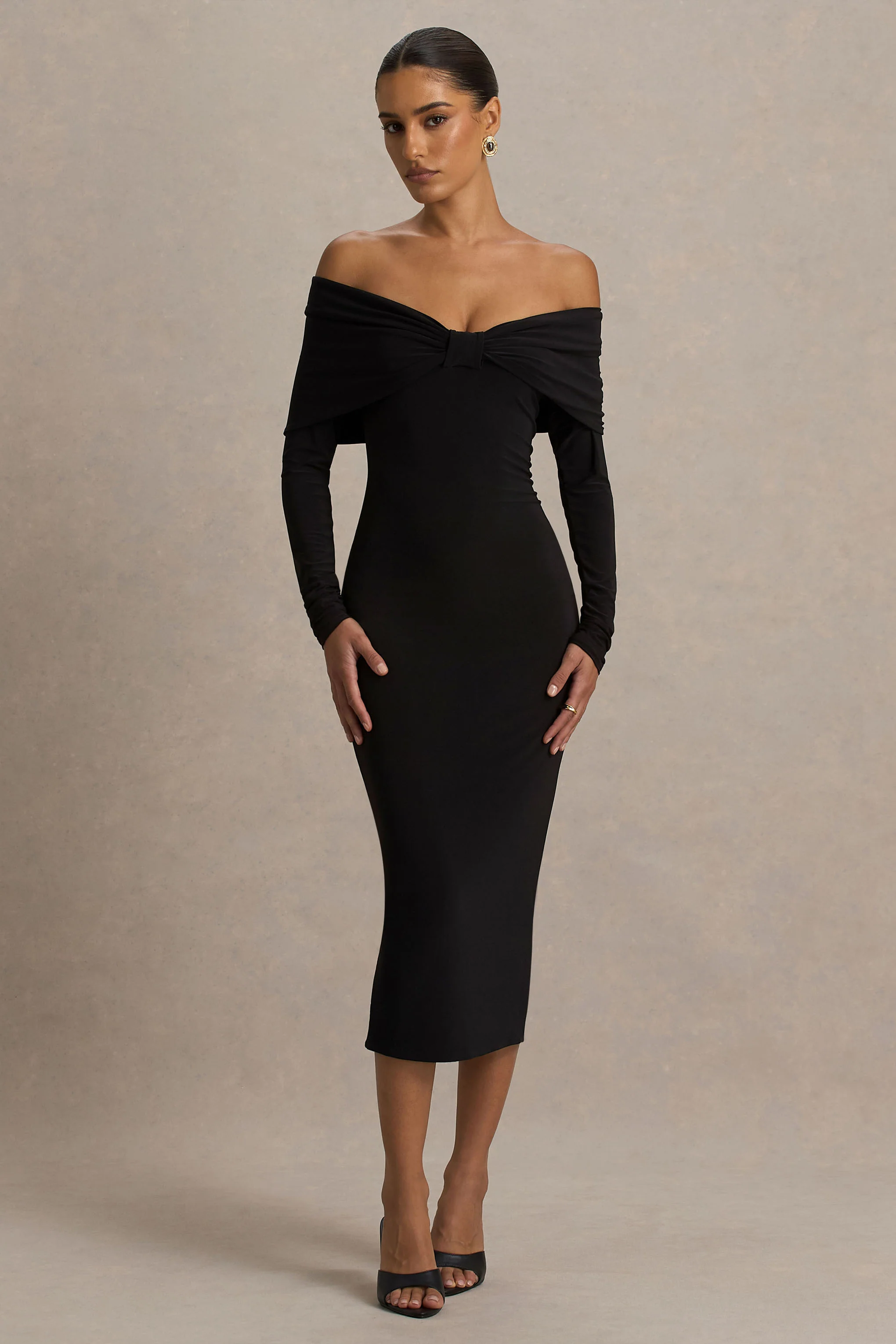Spark | Black Bardot-Neck Midi Dress With Bow Detail - Image 4