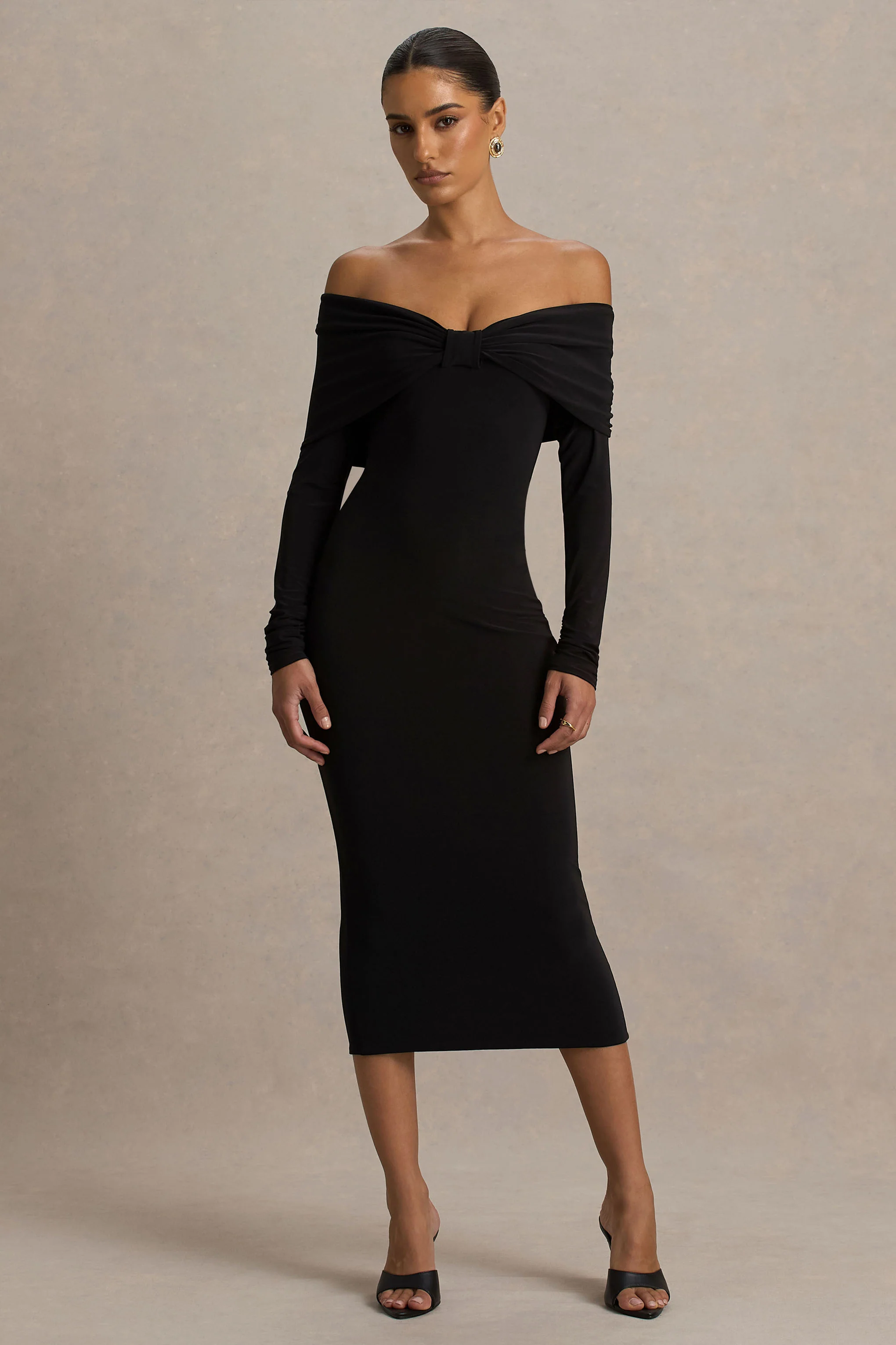 Spark | Black Bardot-Neck Midi Dress With Bow Detail - Image 5
