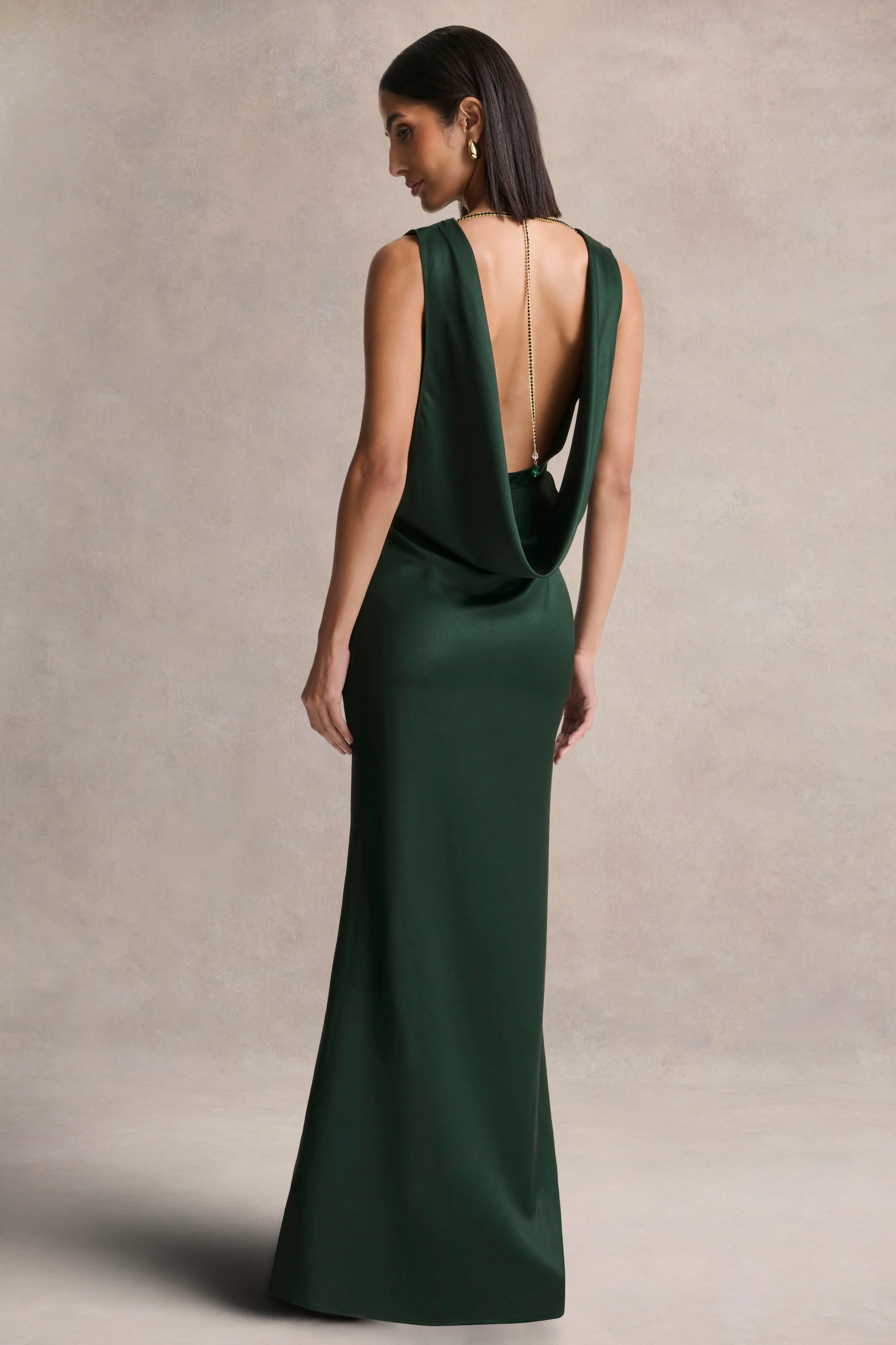 Stacey | Dark Green Slashed-Neck Maxi Dress With Open-Back And Embellished Detail - Image 5