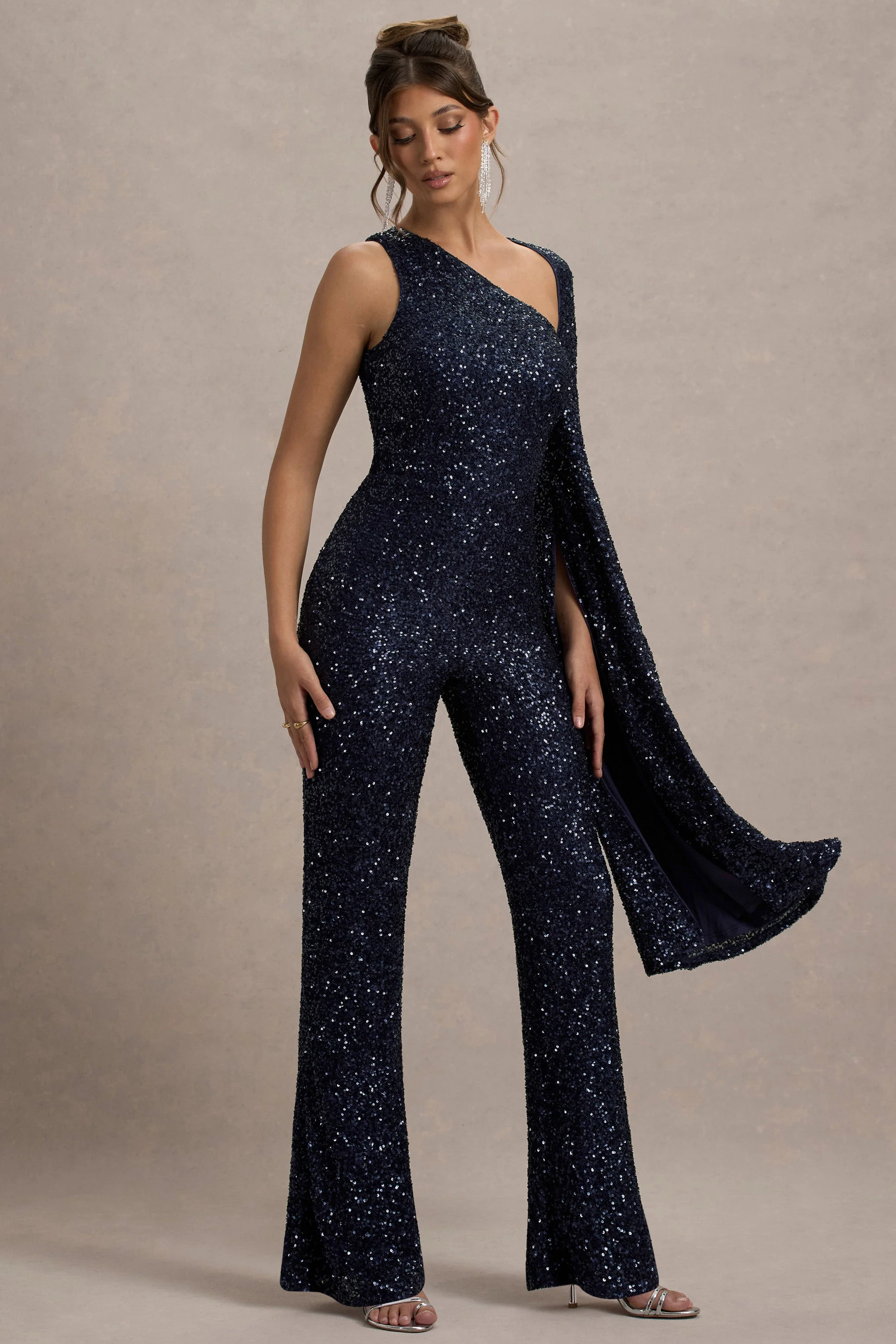 Star Seeker | Navy Sequin One-Shoulder Cape Sleeve Jumpsuit - Image 4