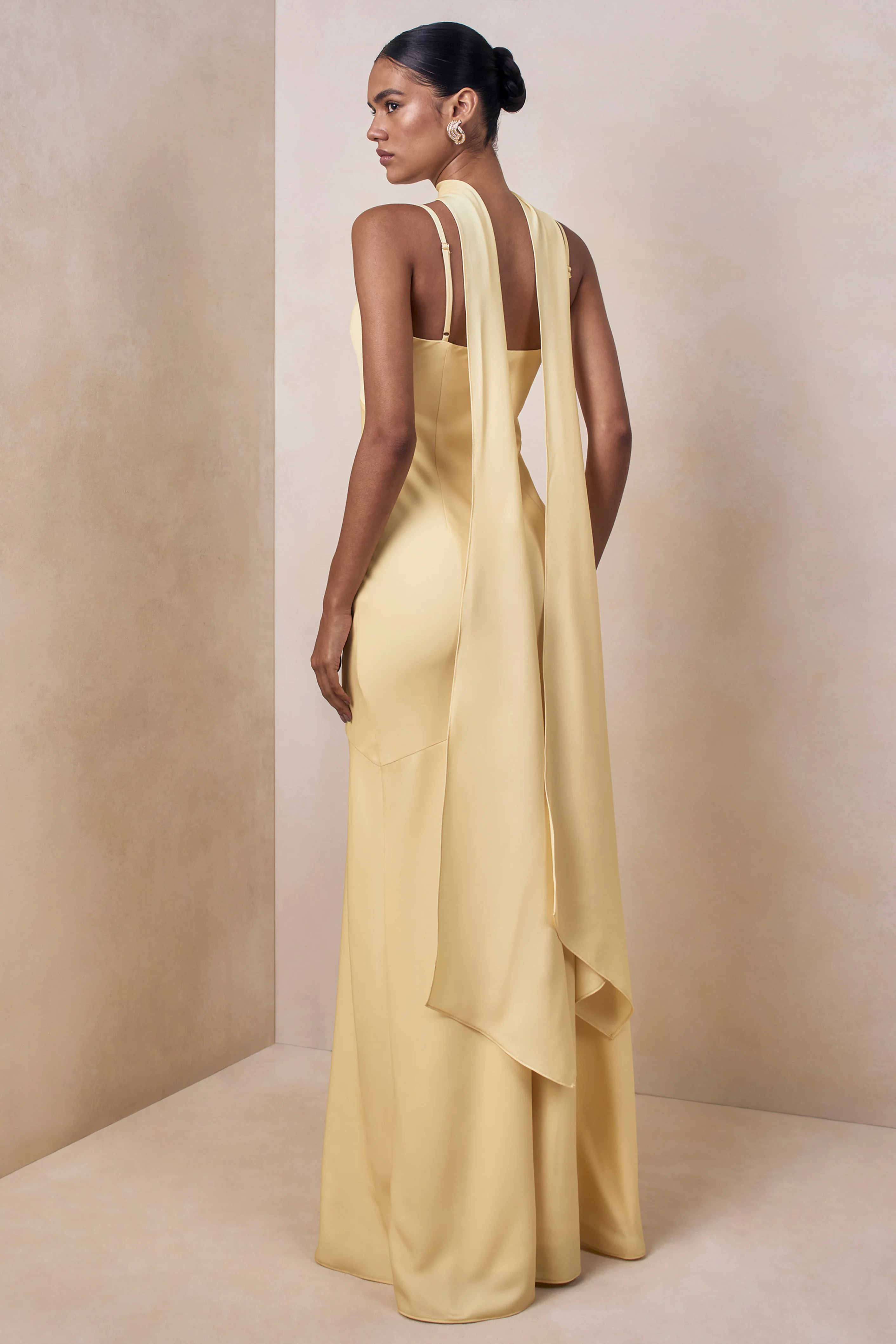 Starling | Lemon Matte Satin Plunge-Neck Maxi Dress With Scarf-Detail - Image 2