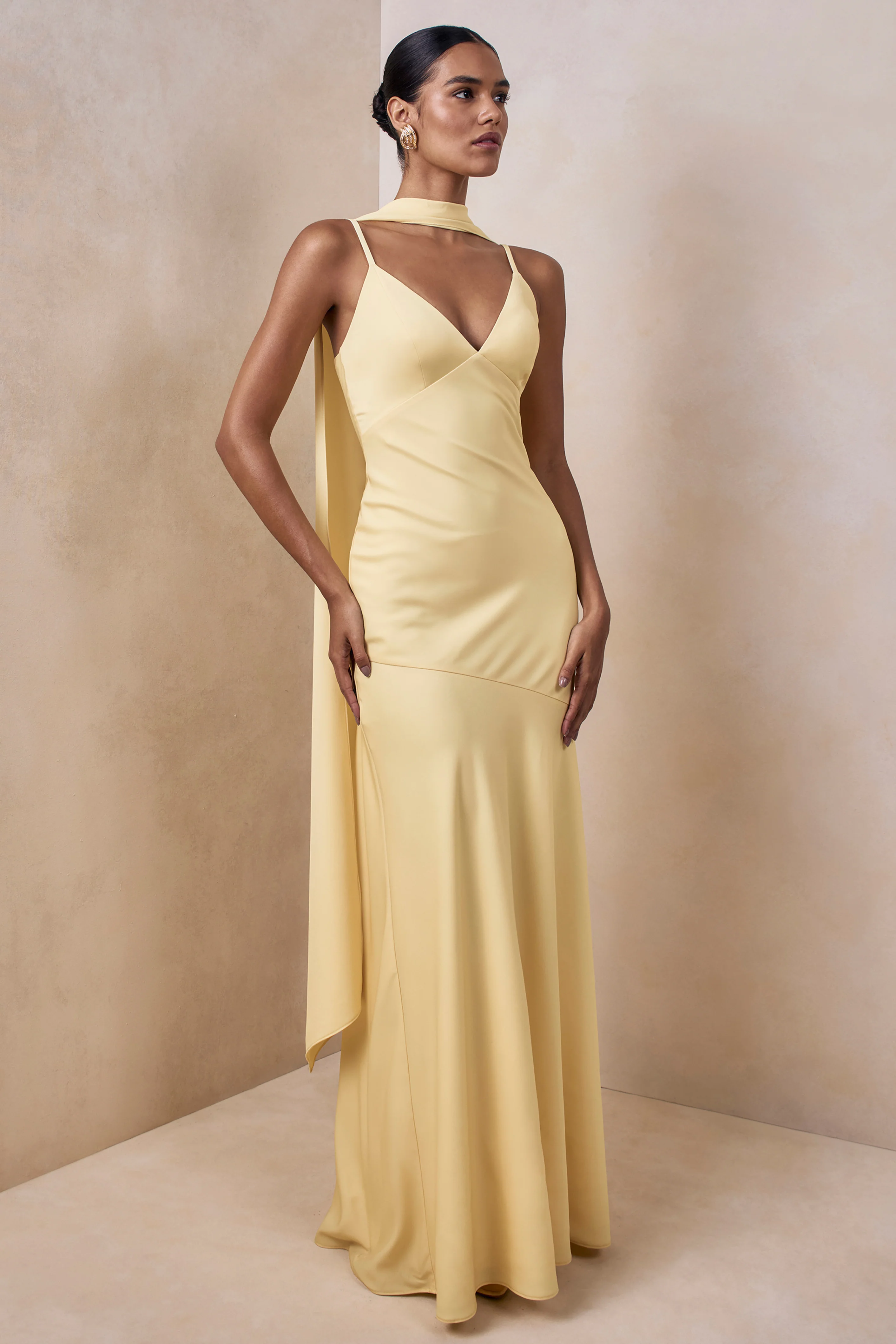 Starling | Lemon Matte Satin Plunge-Neck Maxi Dress With Scarf-Detail - Image 5