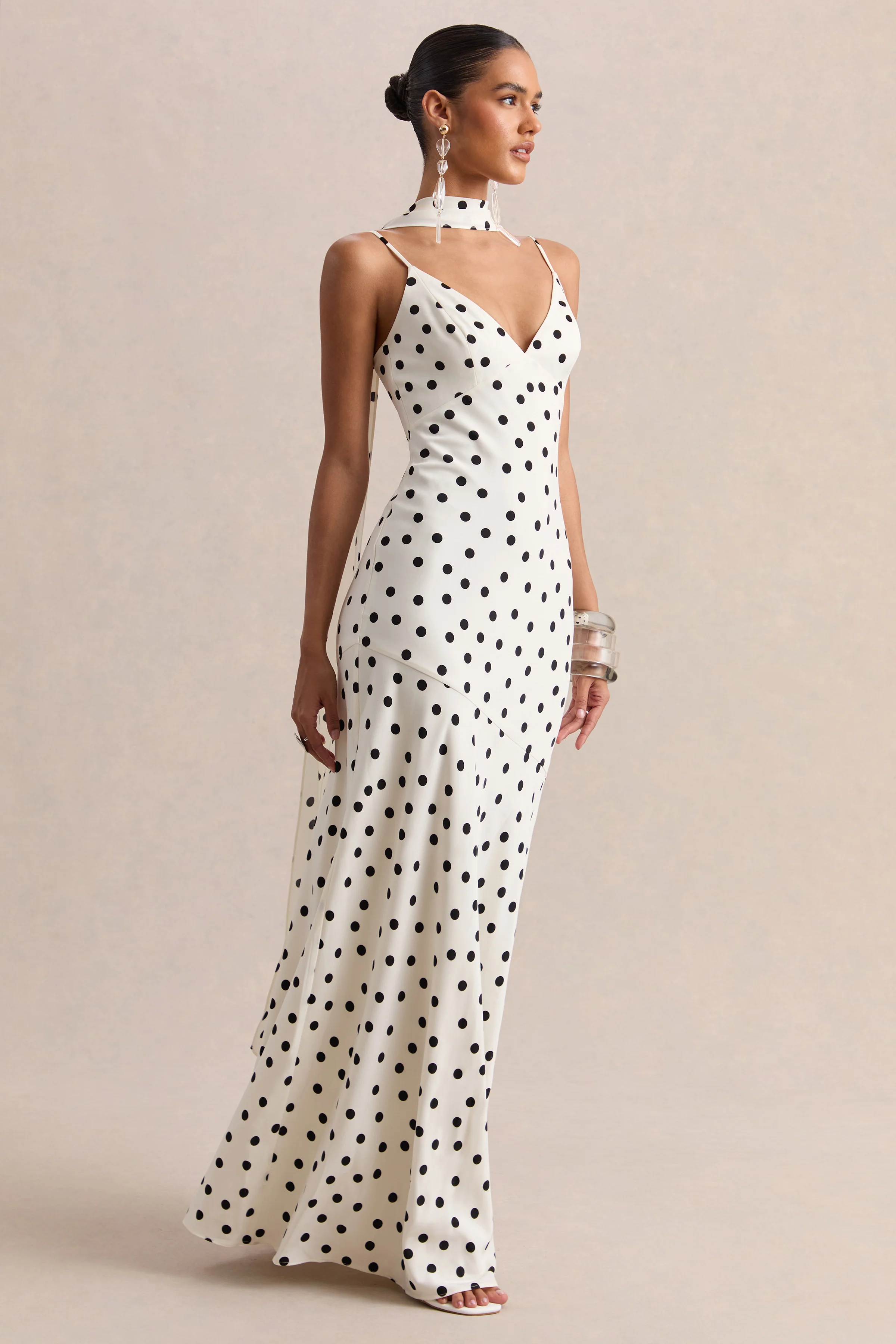 Starling | White & Black Polka Dot Matte Satin Plunge-Neck Maxi Dress With Scarf-Detail - Image 4