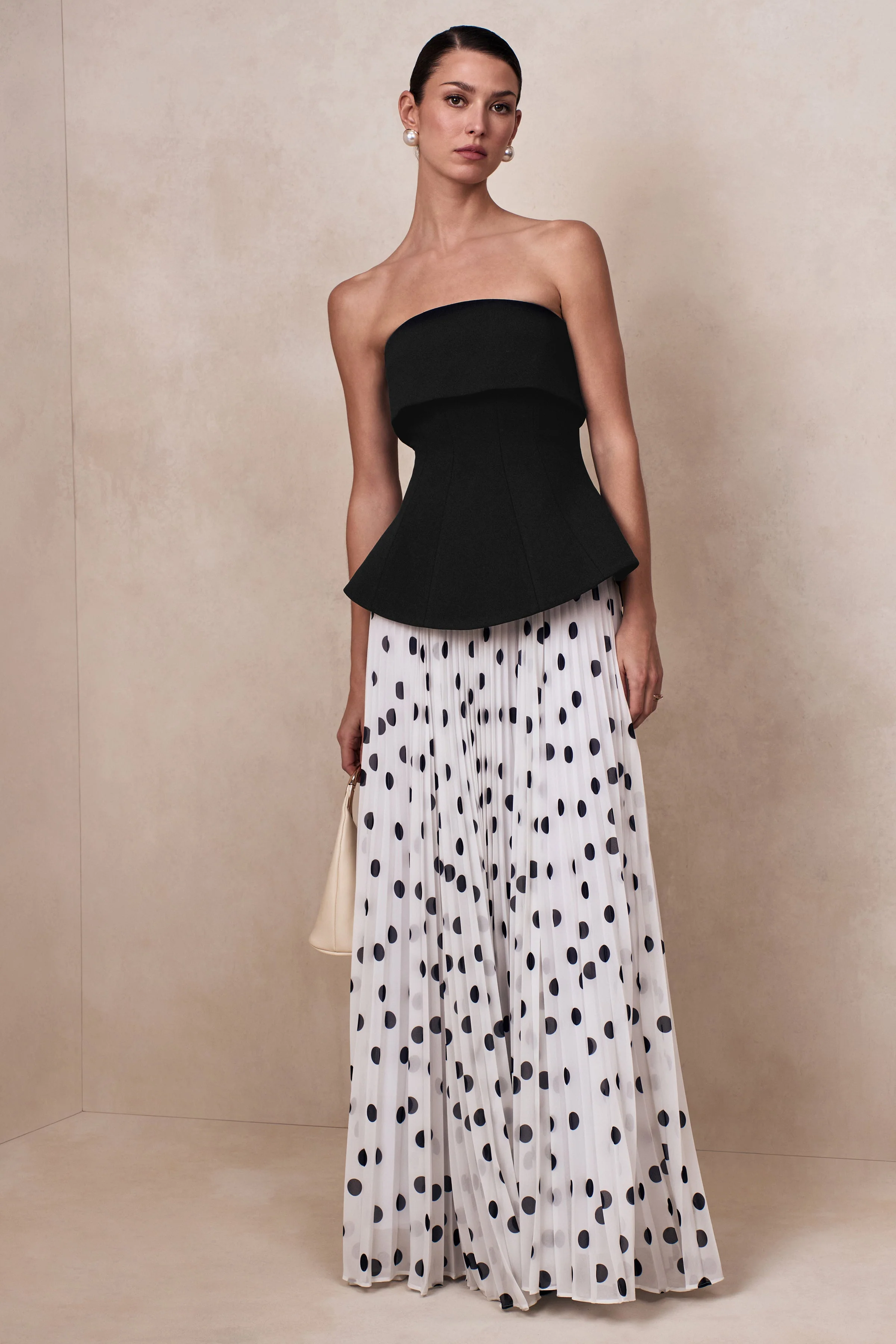 Stellara | Black & White Polka Dot Bandeau Corset Maxi Dress With Sheer Skirt - Image 6