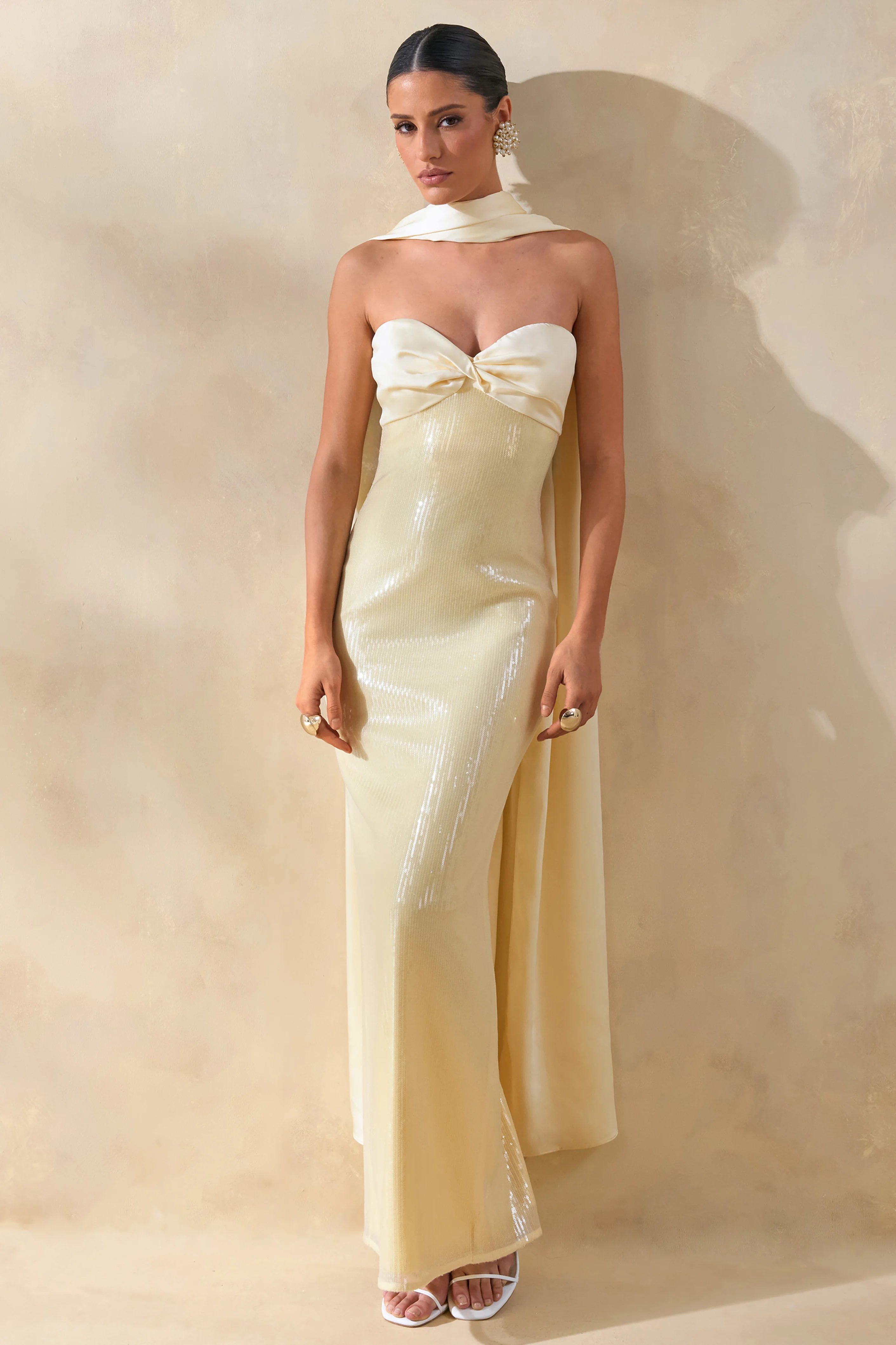 Stephanie | Lemon Sequin Bandeau Maxi Dress With Scarf