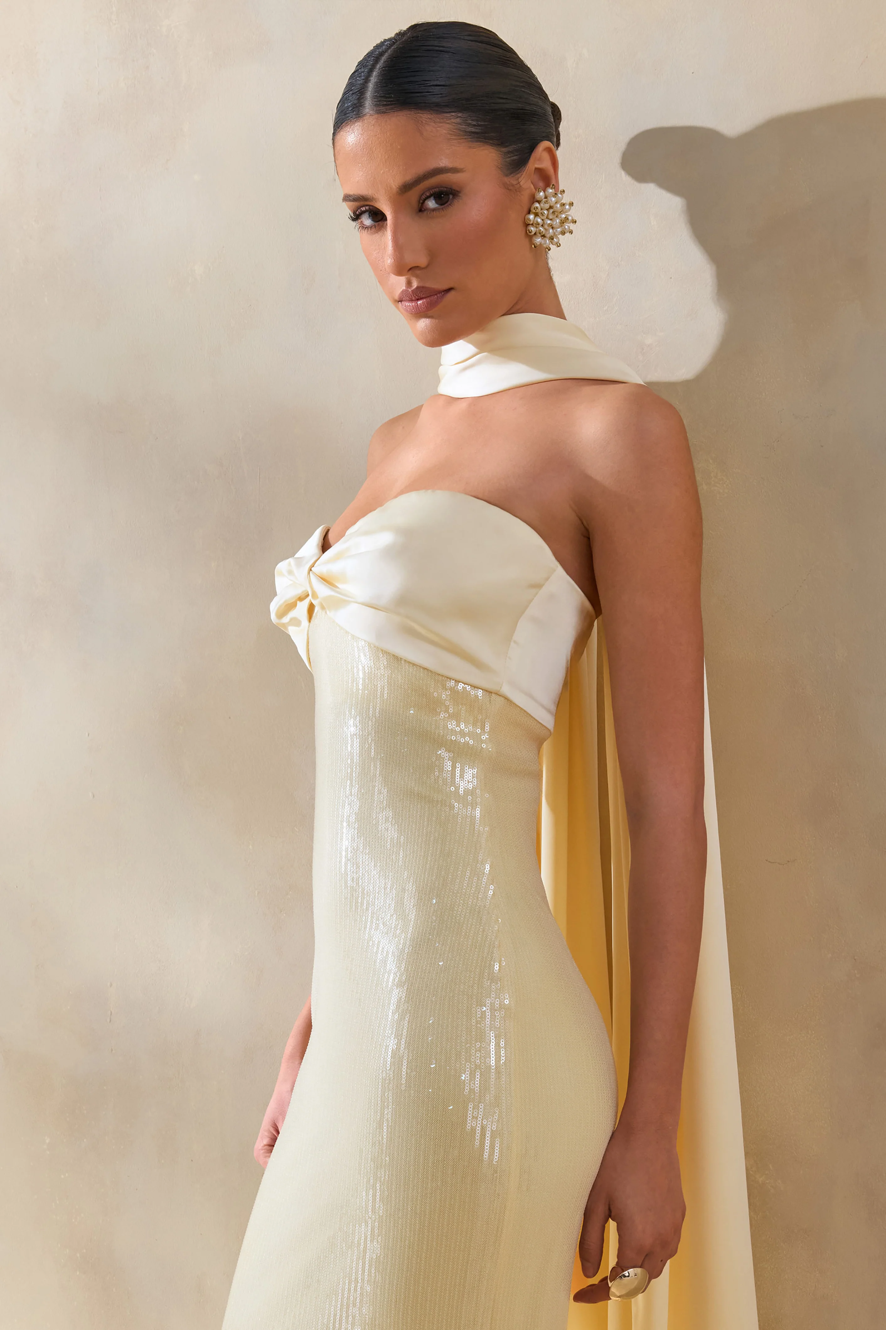 Stephanie | Lemon Sequin Bandeau Maxi Dress With Scarf - Image 3