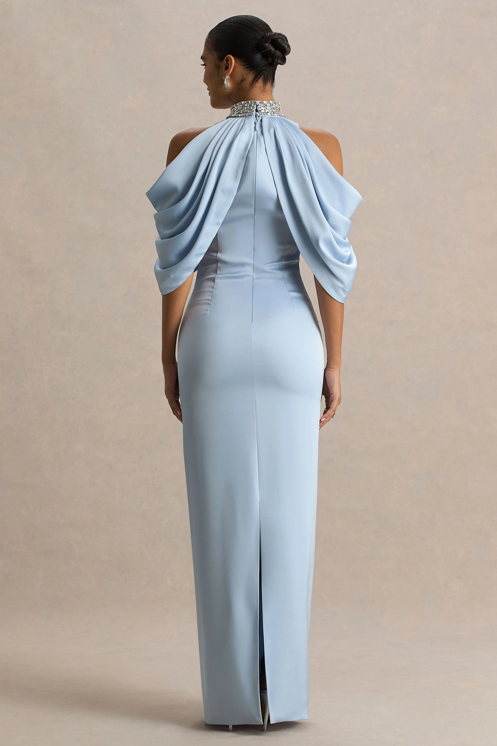 Sulliana | Powder Blue Satin High-Neck Maxi Dress With Embellished Detail And Cape Sleeves - Image 3