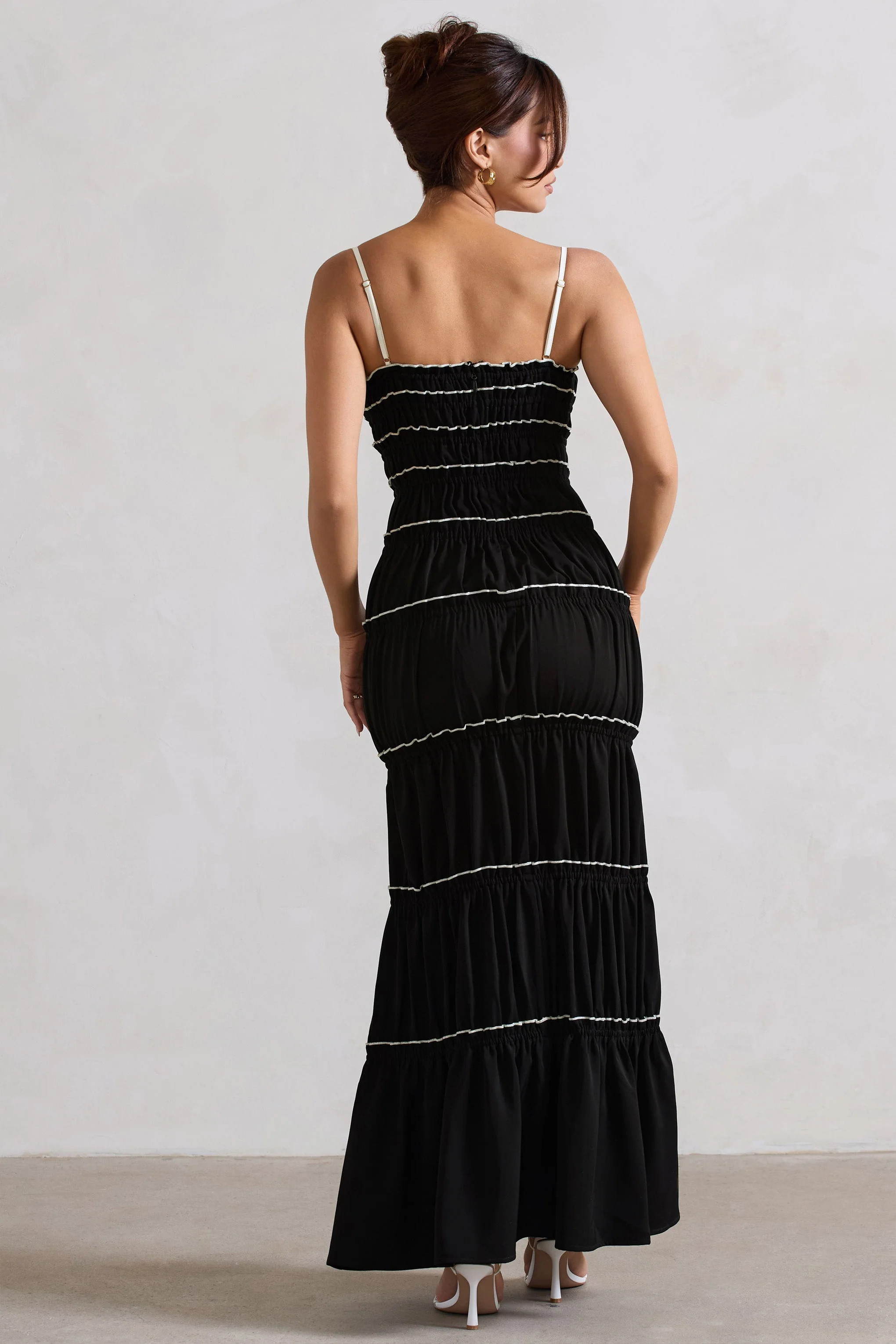 Summer Breeze | Black Strappy Gathered Tiered Maxi Dress - Image 2