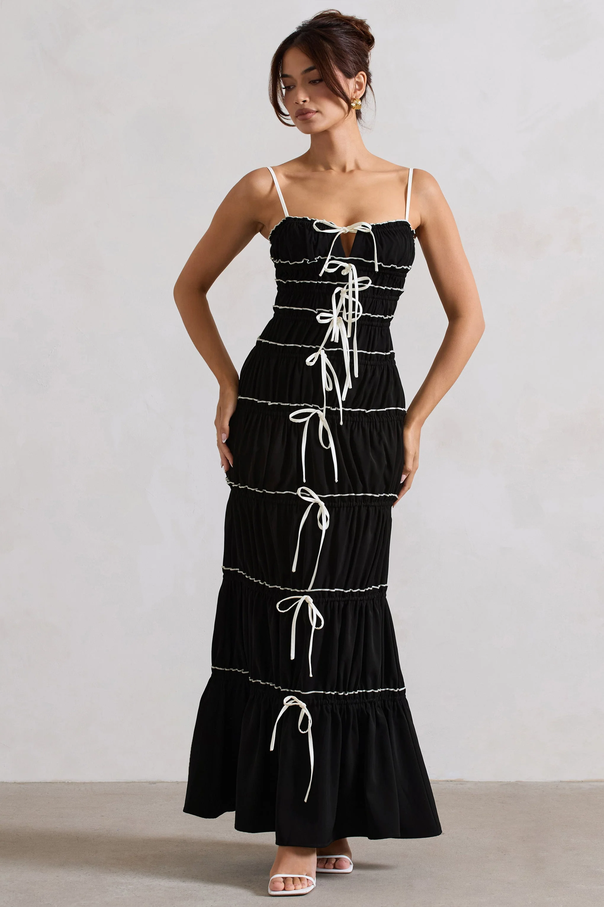 Summer Breeze | Black Strappy Gathered Tiered Maxi Dress - Image 4