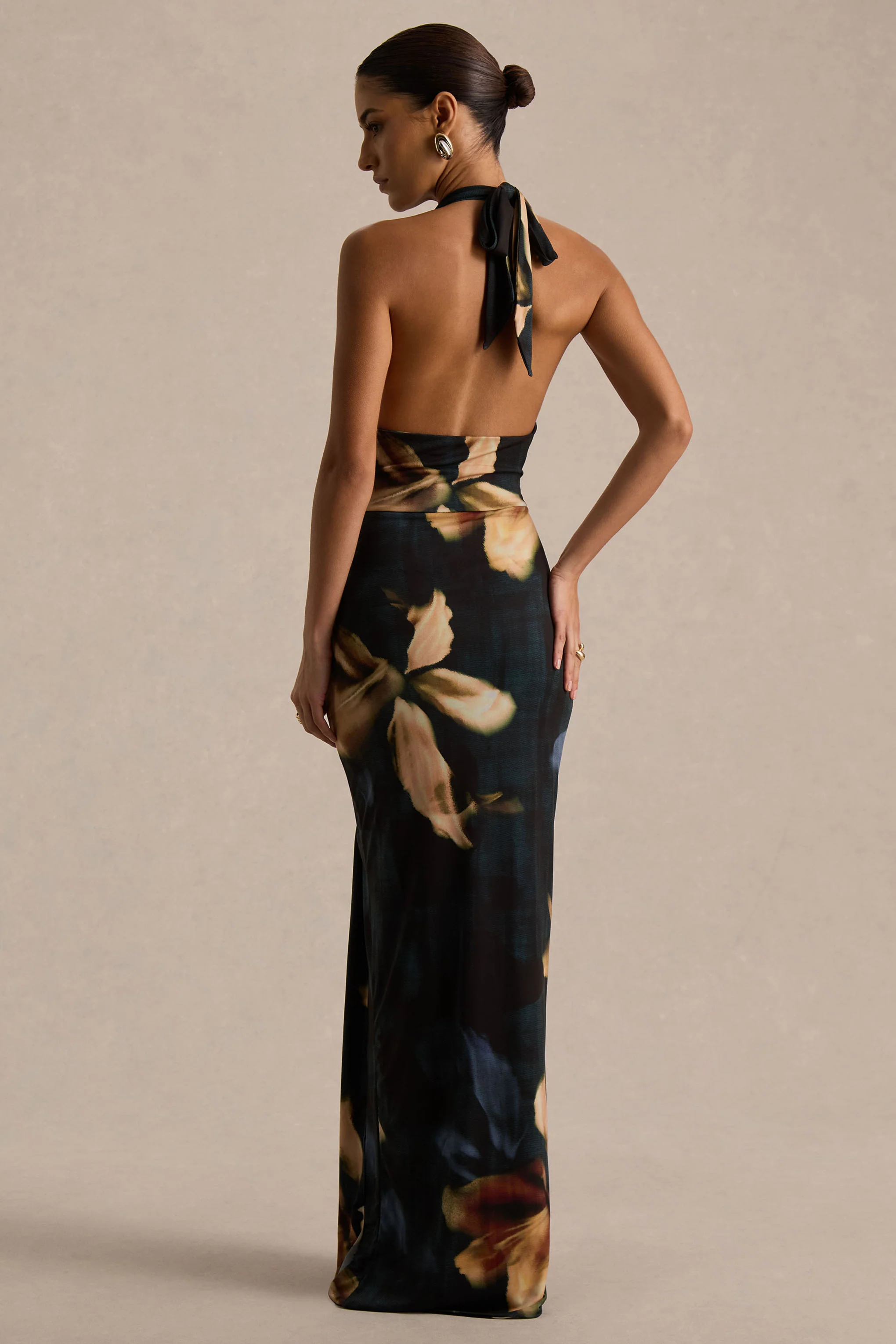 Sunflower | Dark Lily Print High-Neck Maxi Dress With Front-High Split - Image 2