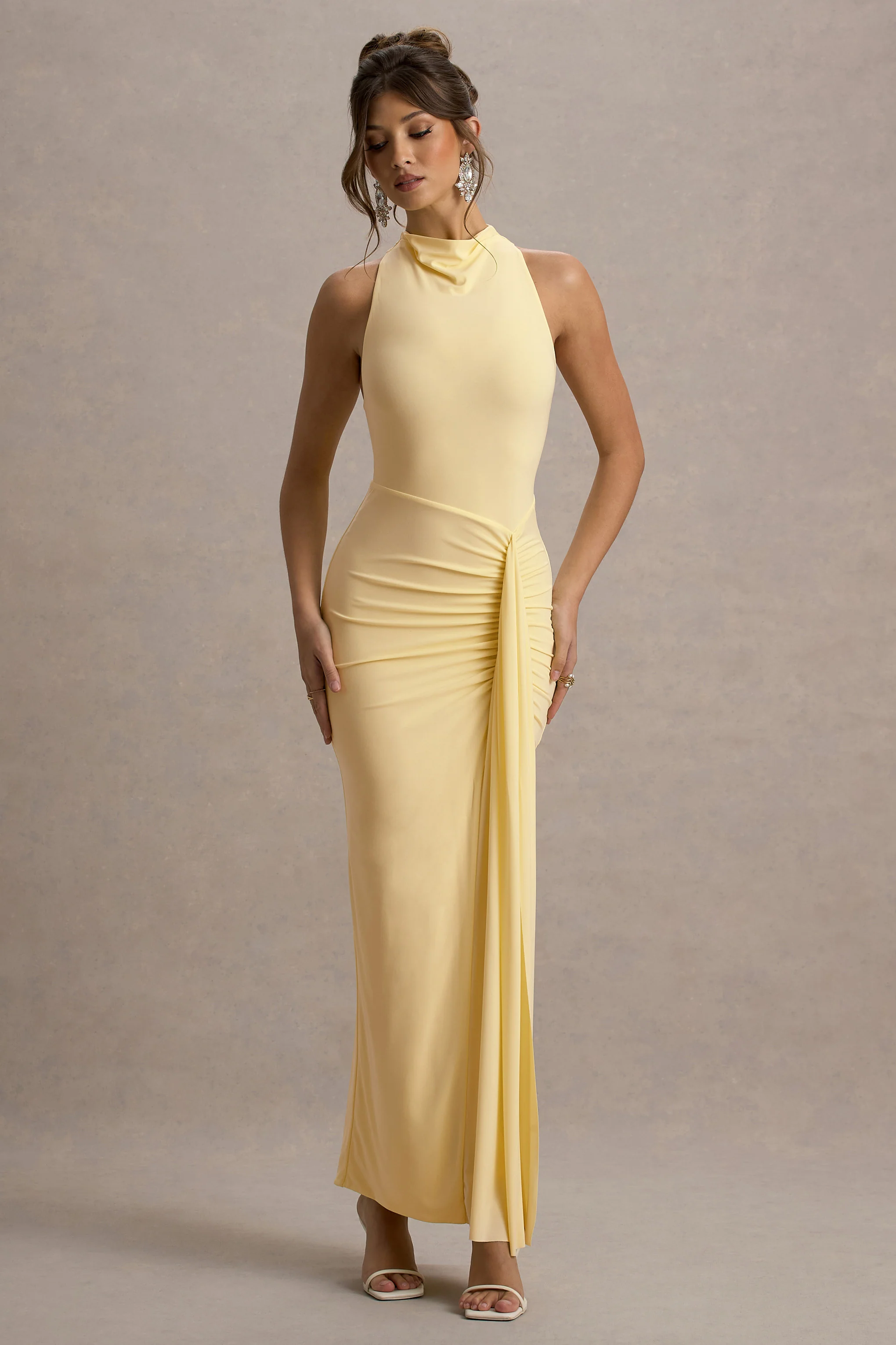 Sunflower | Pale Lemon Ruched High-Neck Split Maxi Dress - Image 4