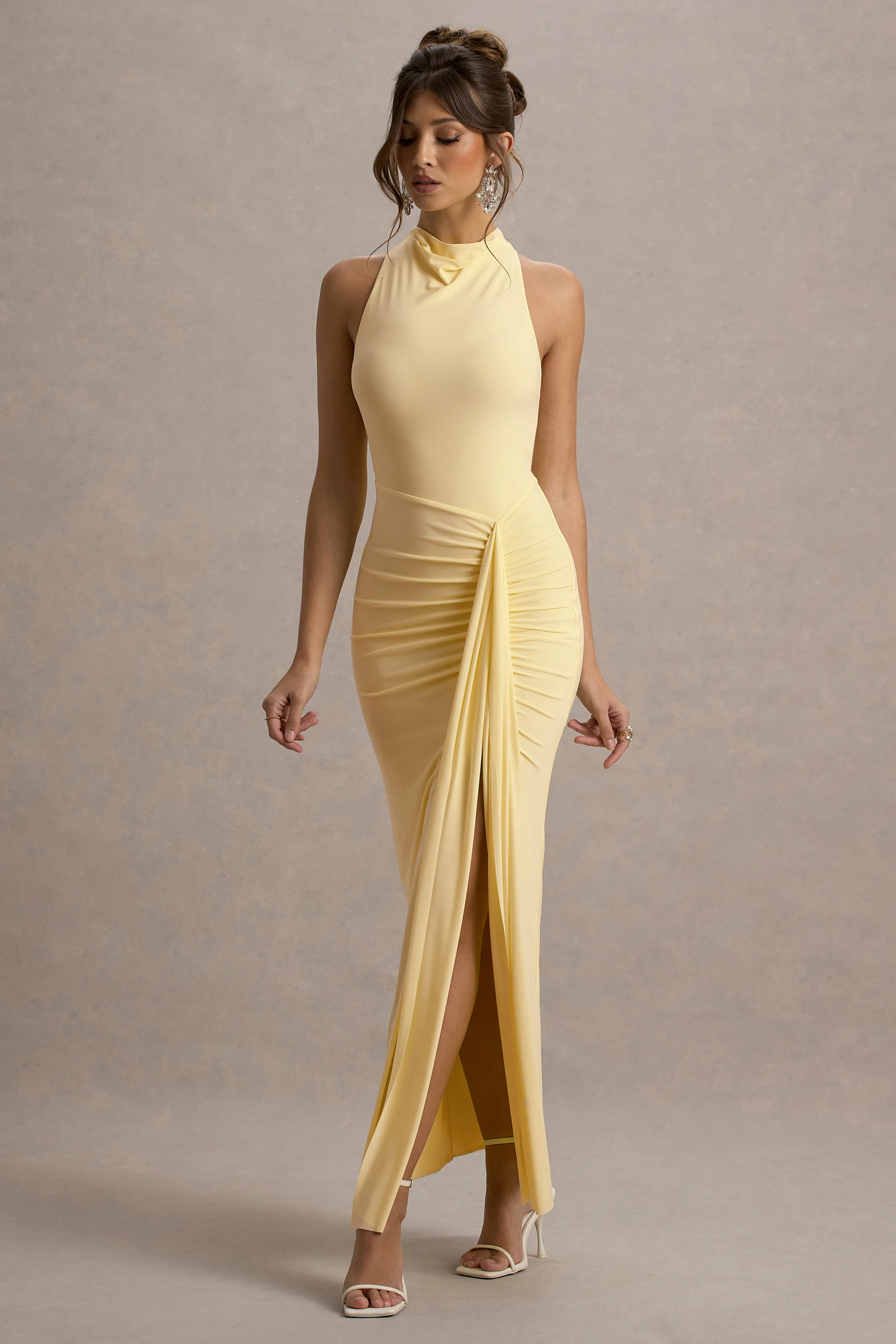 Sunflower | Pale Lemon Ruched High-Neck Split Maxi Dress - Image 5