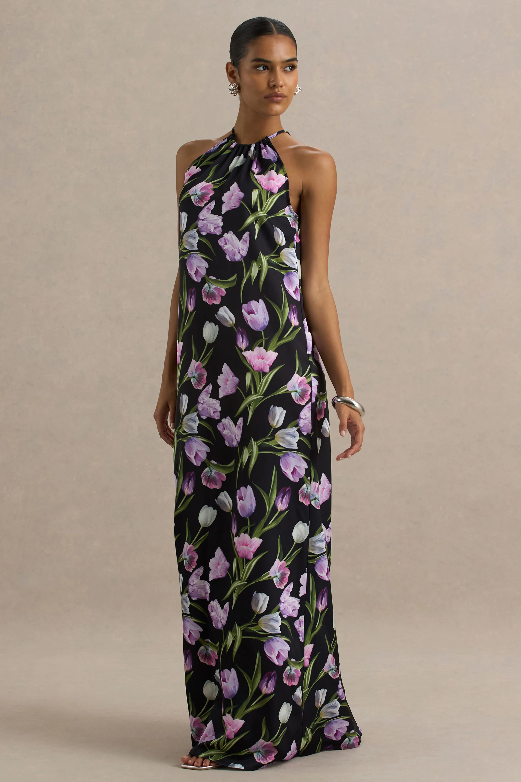 Svana | Black Satin Floral Asymmetric Halter-Neck Maxi Dress - Image 3
