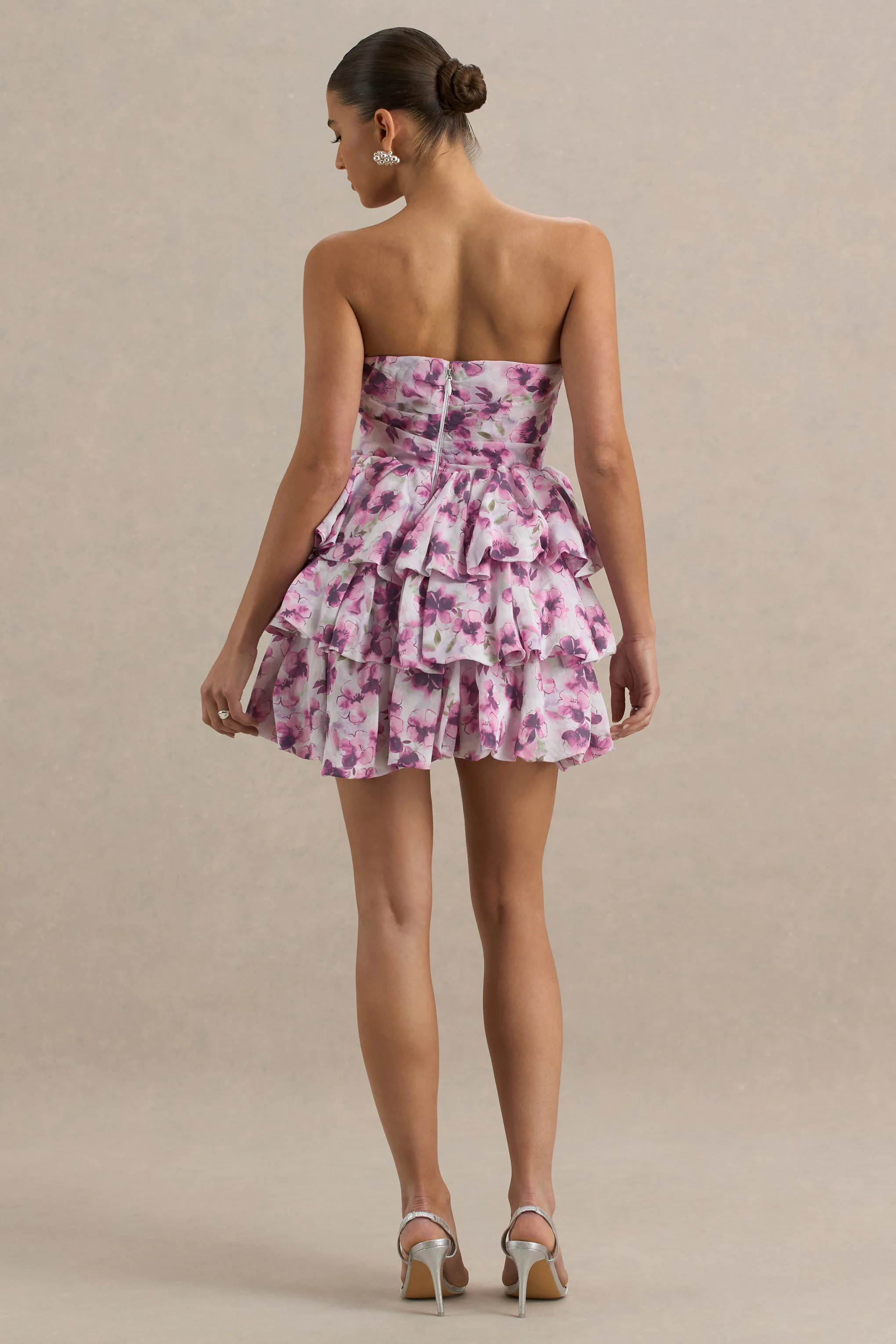 Swirl | Cream Floral Print Bandeau Puffball Mini Dress With Ruffle Detail - Image 2