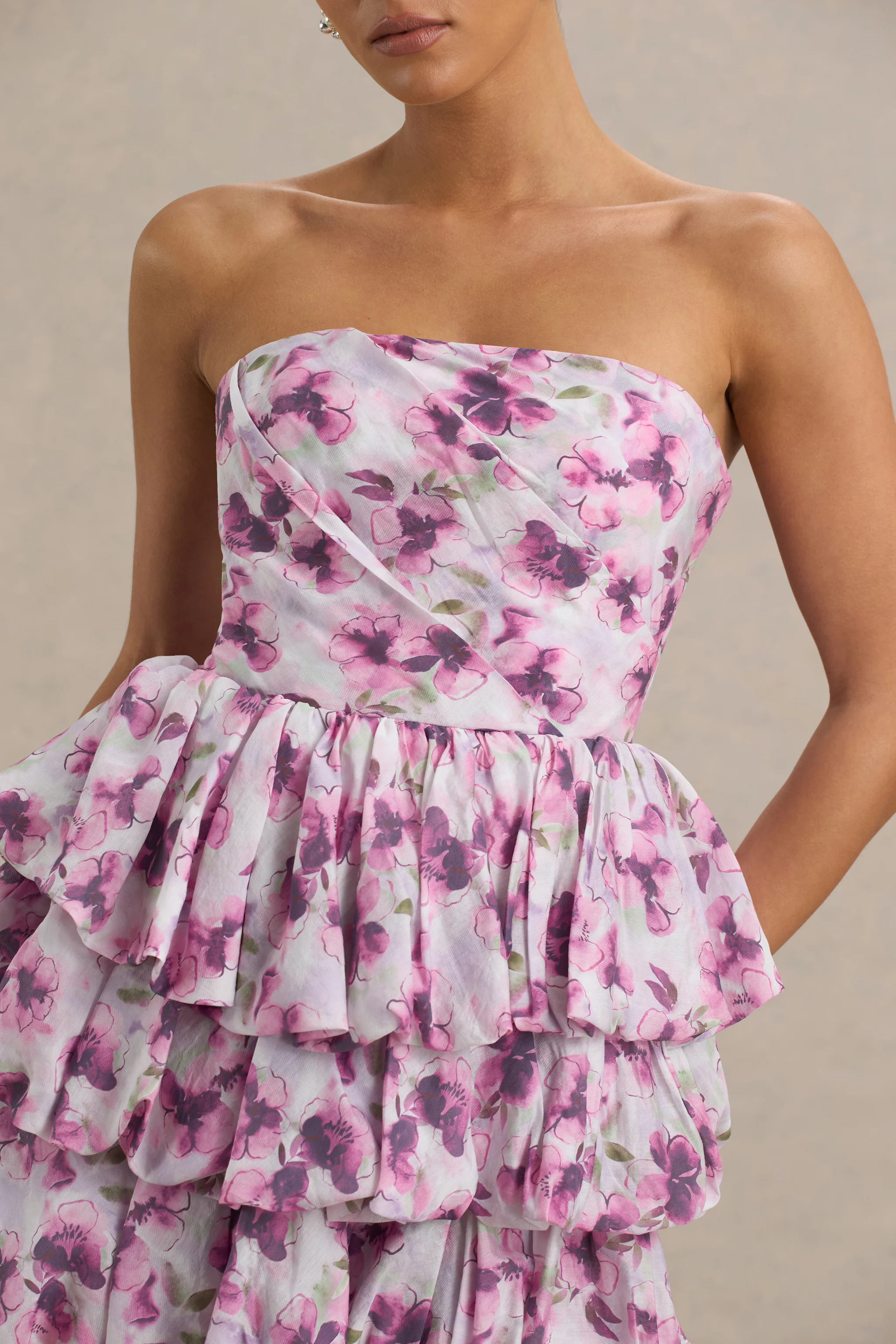 Swirl | Cream Floral Print Bandeau Puffball Mini Dress With Ruffle Detail - Image 3