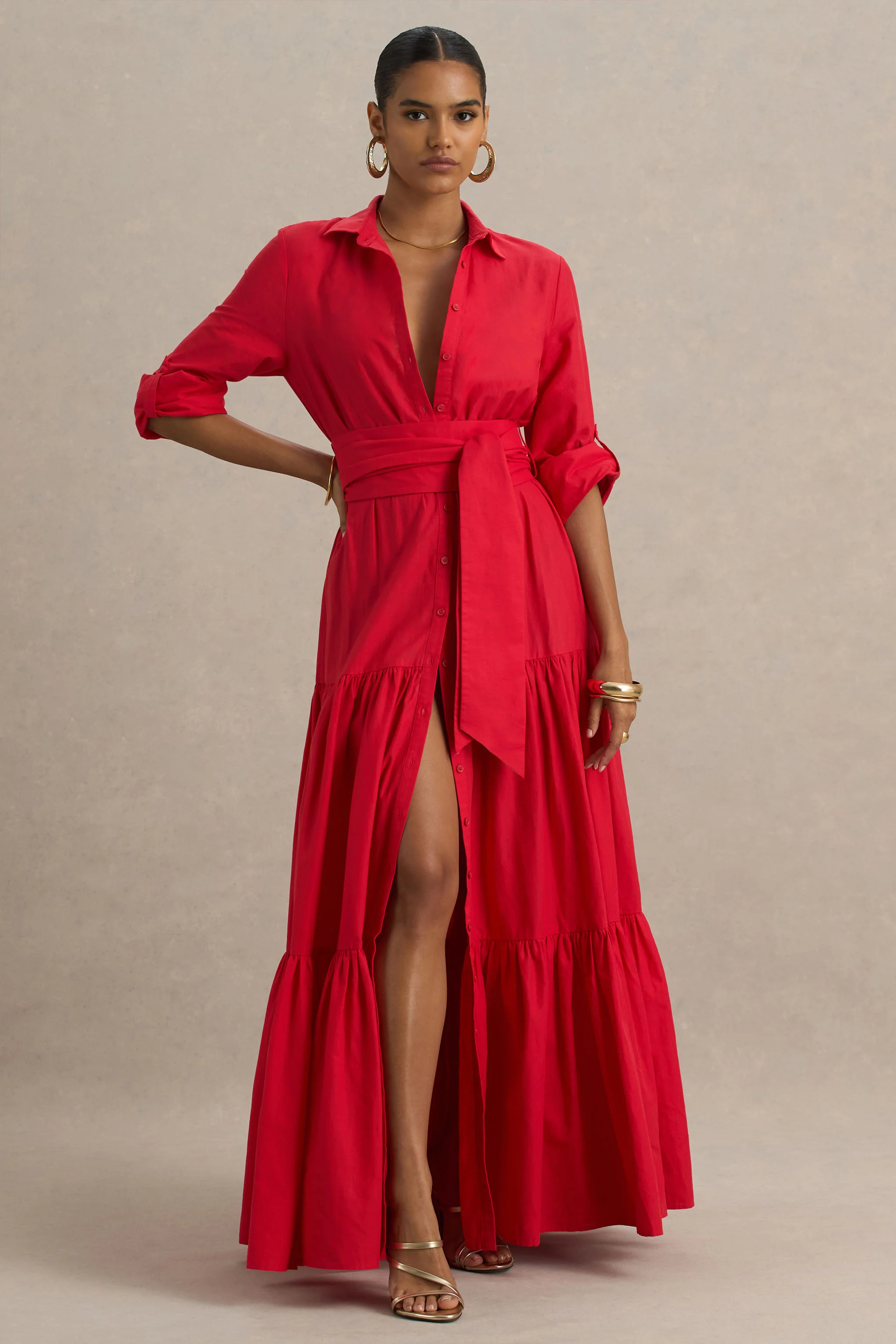 Sydney | Red Belted Maxi Shirt Dress - Image 3