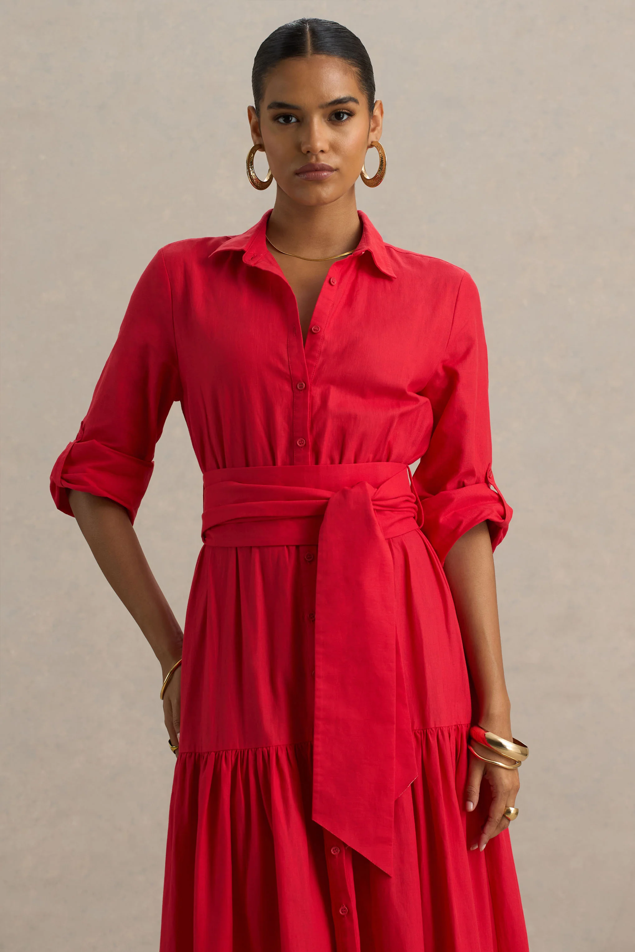 Sydney | Red Belted Maxi Shirt Dress - Image 5