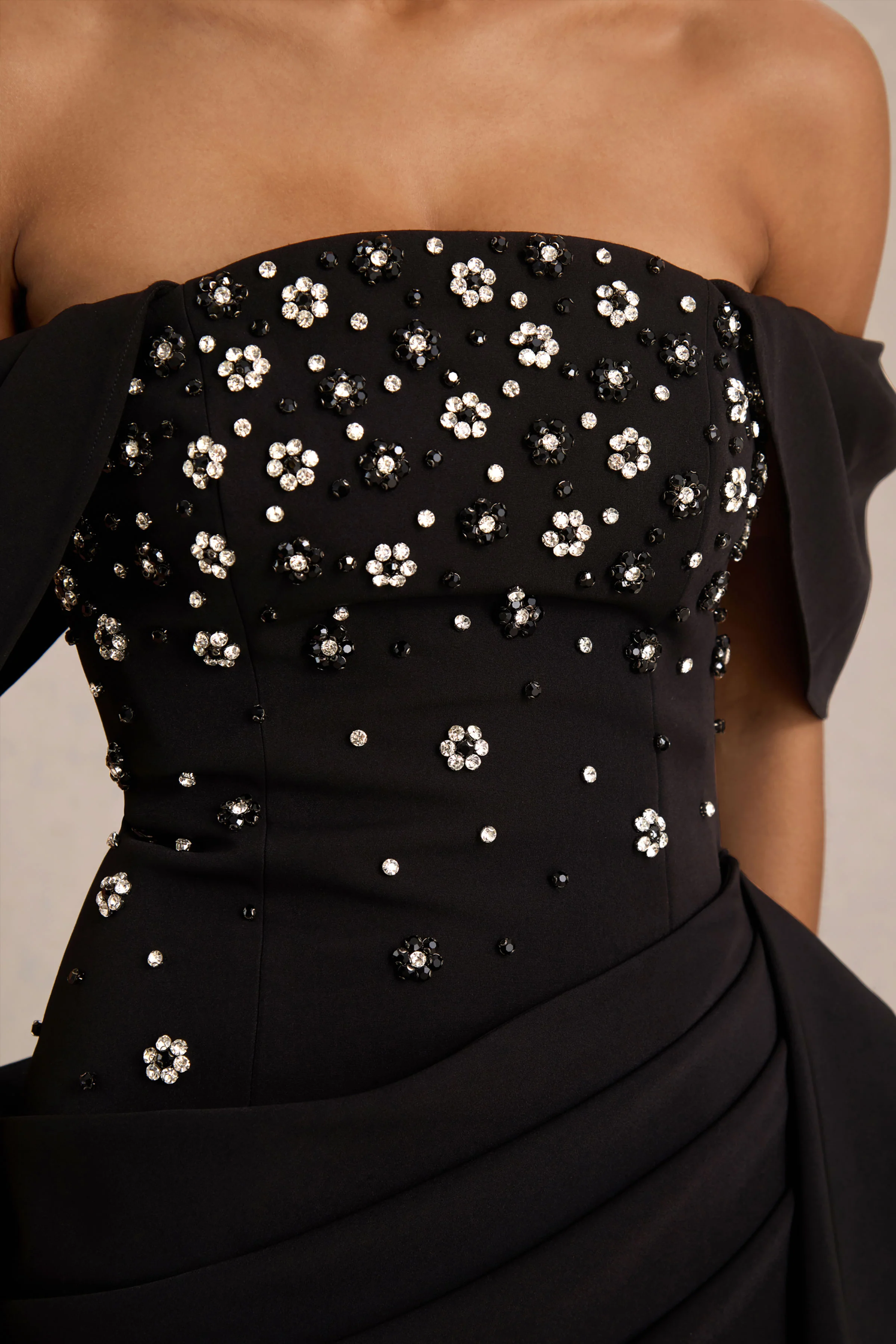 Sylvia | Black Hand-Embellished Bardot-Neck Midi Dress With Draped Satin-Wrap Skirt - Image 5