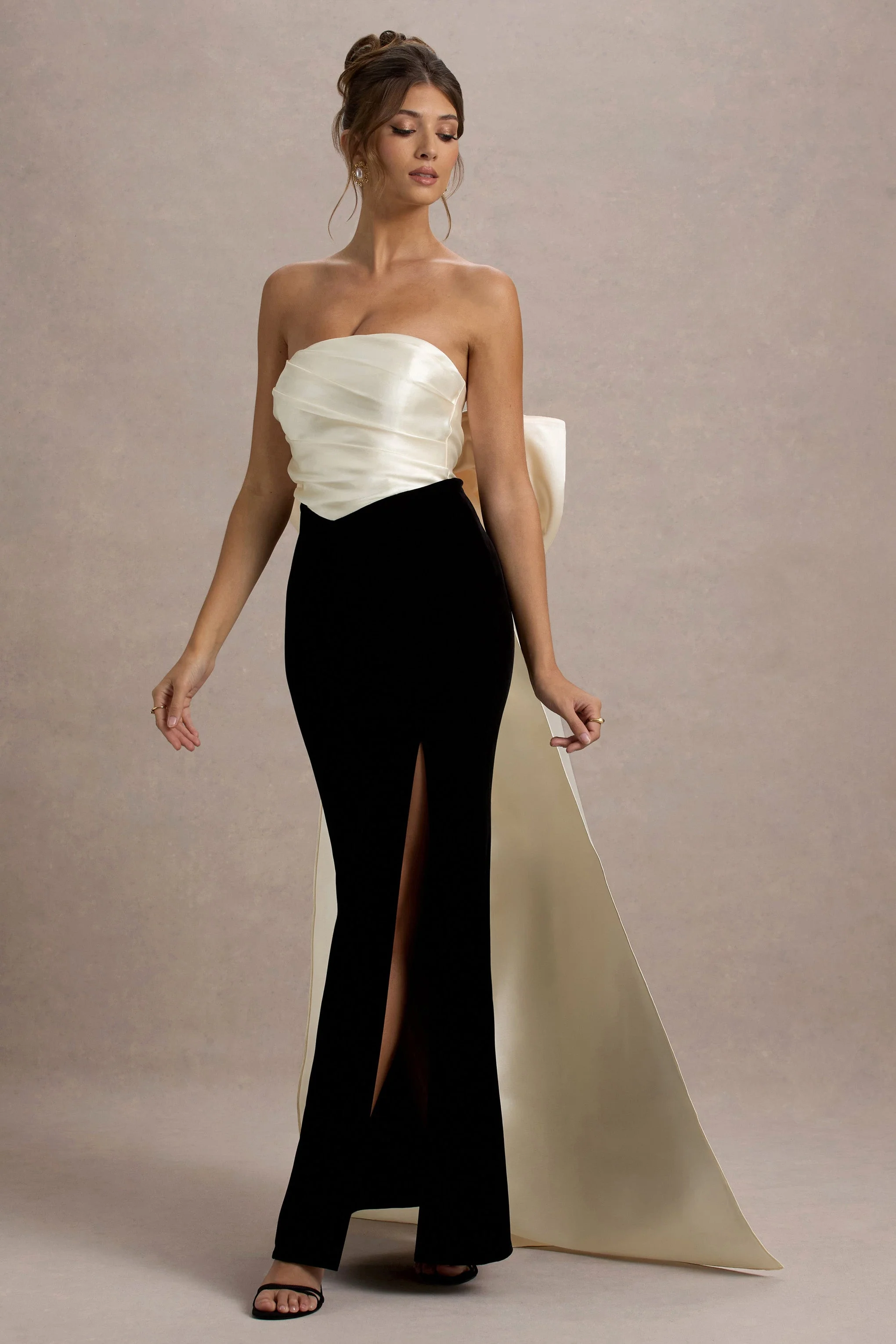 Take A Bow | Black & Cream Velvet Strapless Maxi Dress With Oversized Bow - Image 2