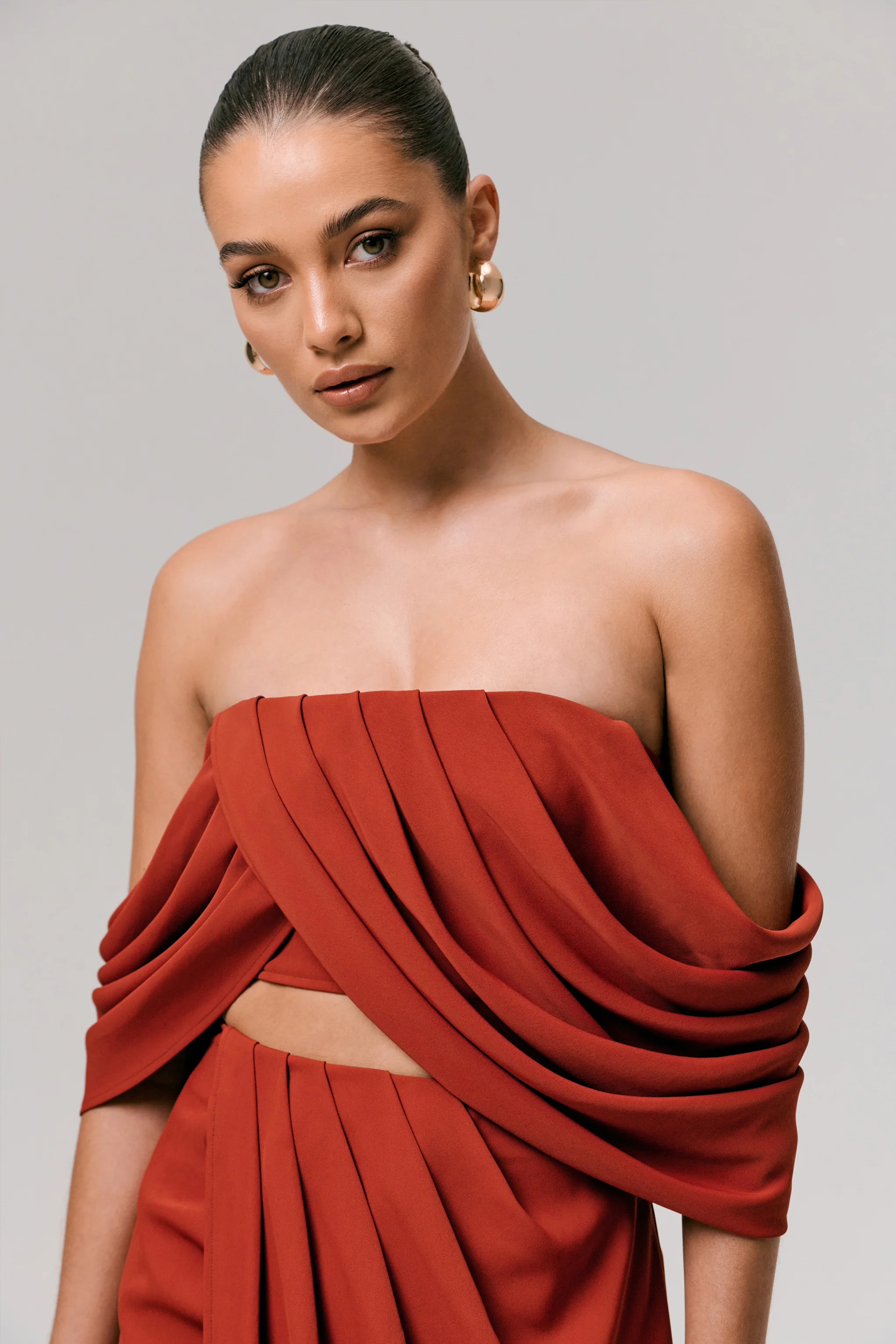 Talika | Terracotta Bardot Crop-Top With Draped Sleeves - Image 4