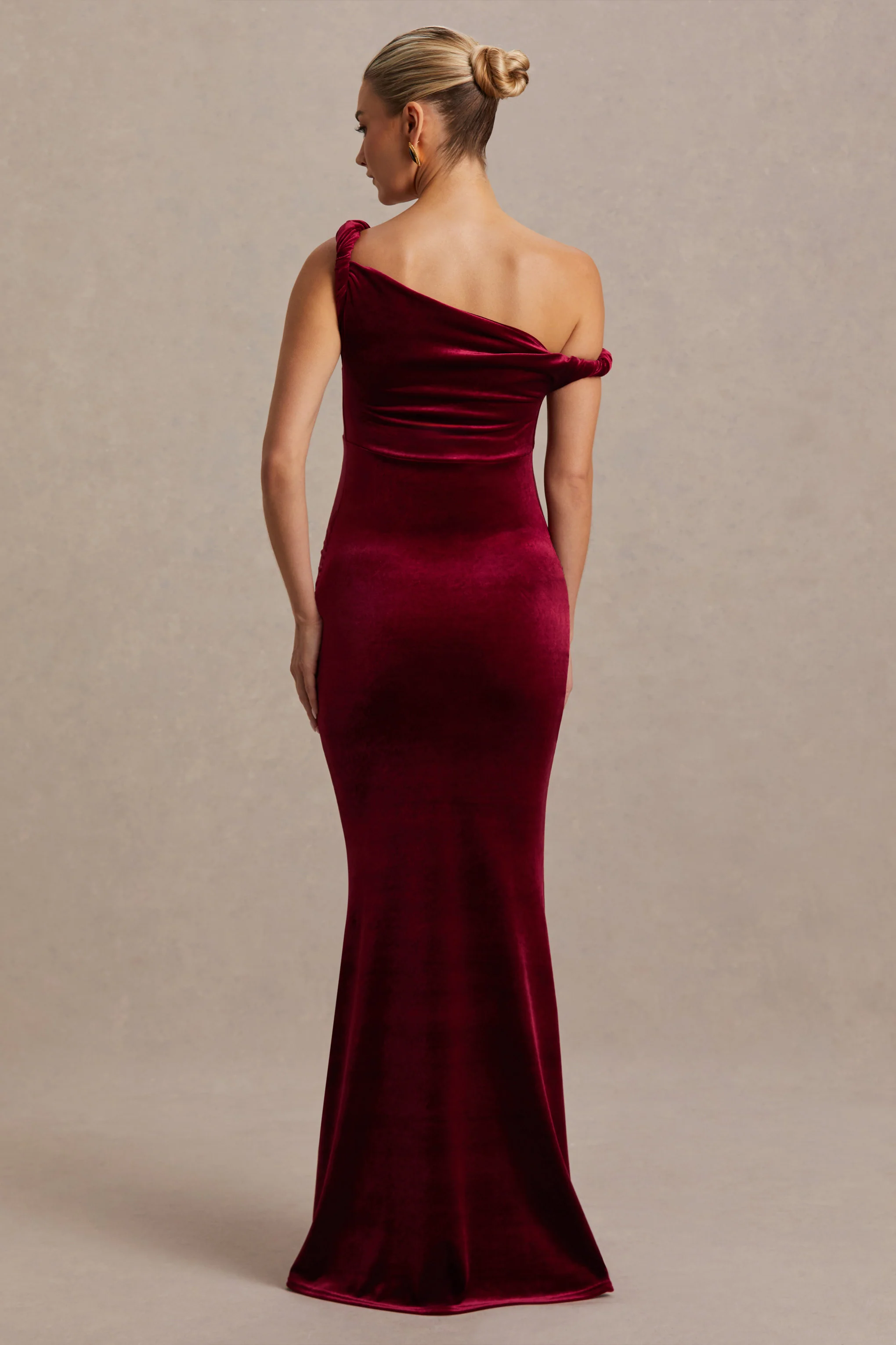 Tallulah | Burgundy Velvet Asymmetric-Neck Maternity Maxi Dress With Twist-Sleeve - Image 2