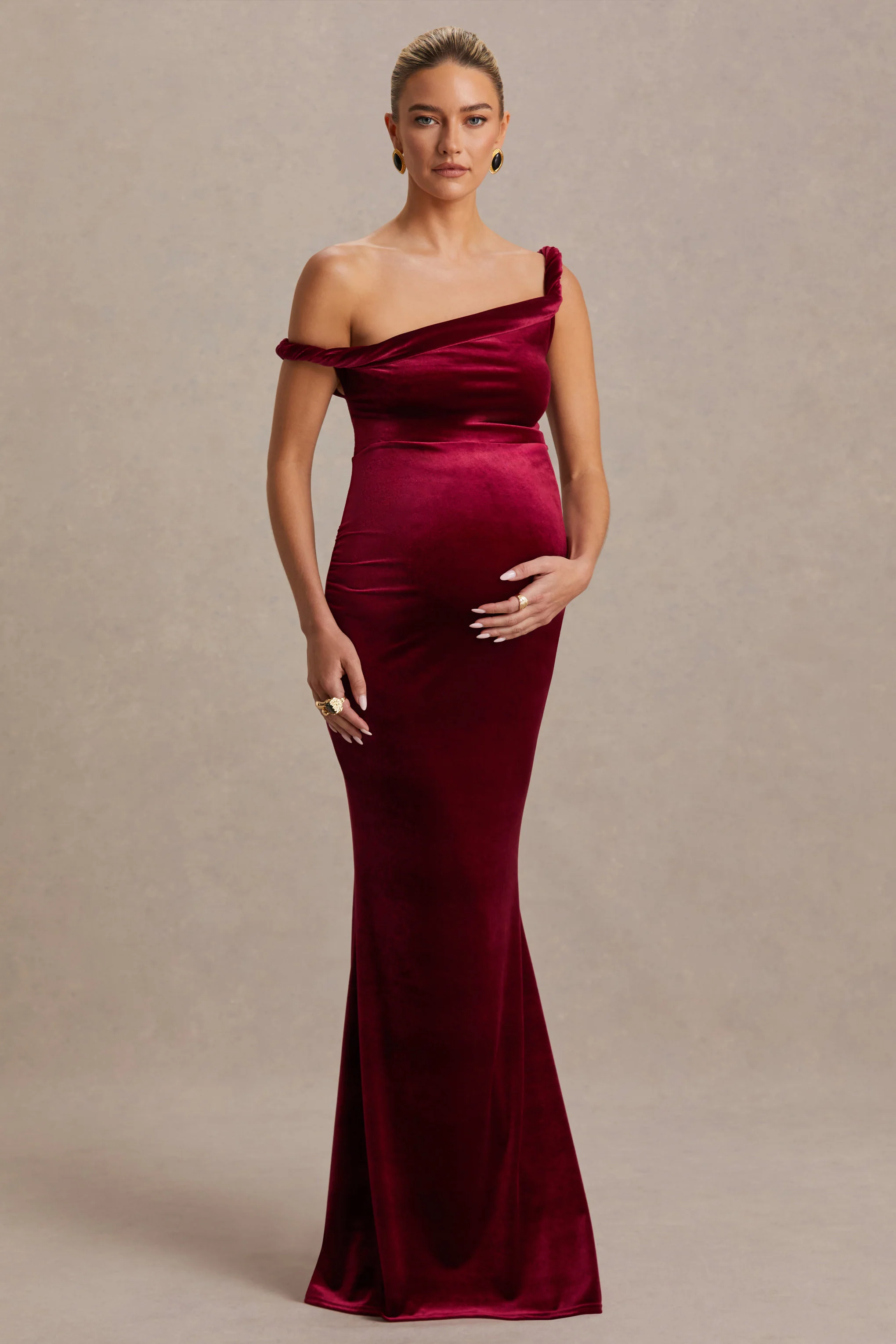 Tallulah | Burgundy Velvet Asymmetric-Neck Maternity Maxi Dress With Twist-Sleeve - Image 4