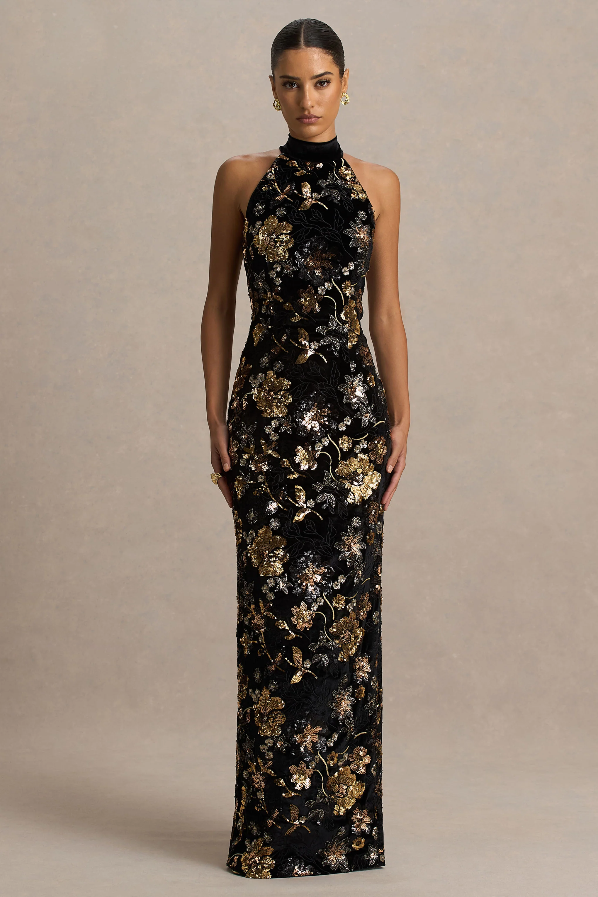 Tate | Black Velvet Halter-Neck Maxi Dress With Bronze Floral Sequin Embellishments - Image 5