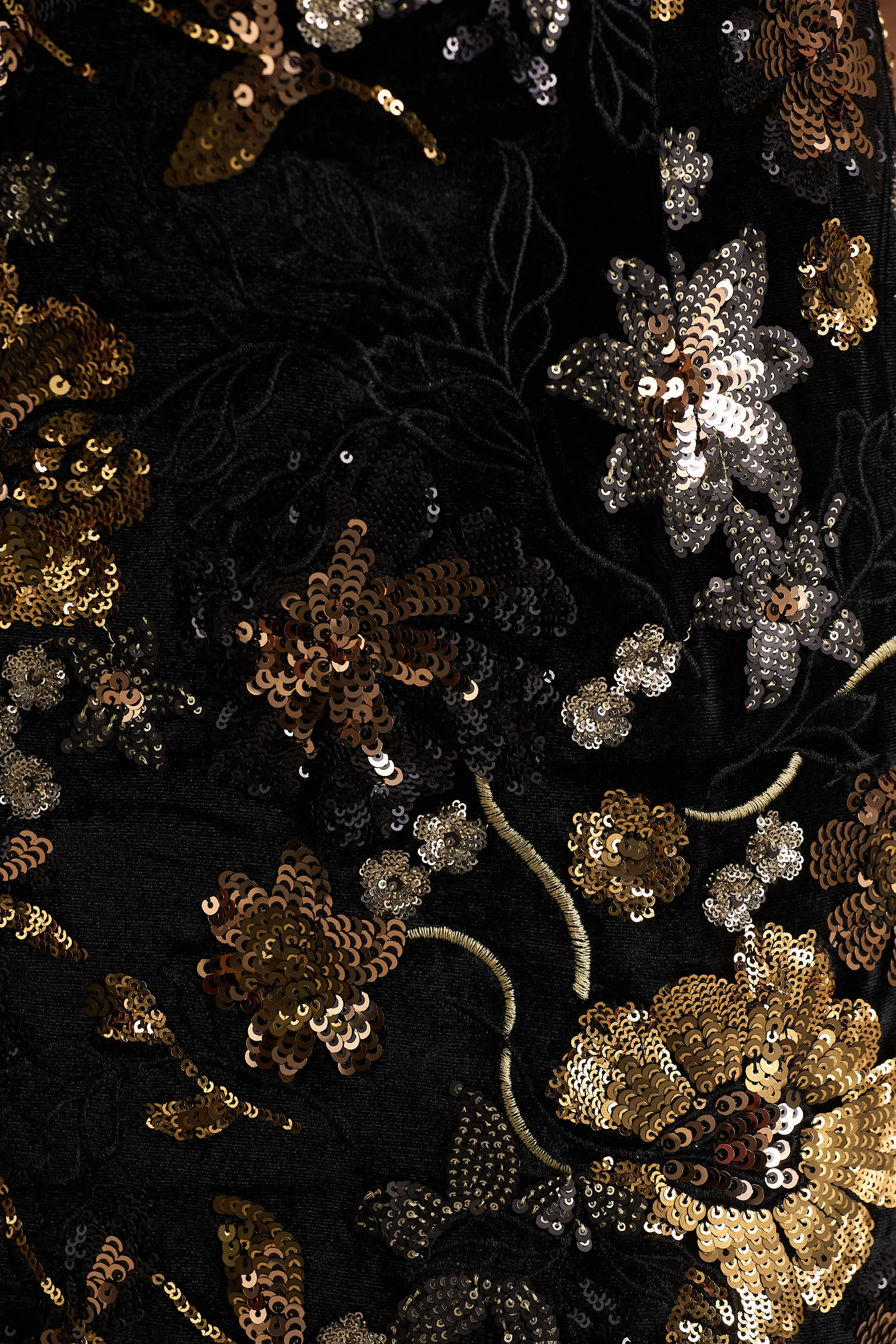 Tate | Black Velvet Halter-Neck Maxi Dress With Bronze Floral Sequin Embellishments - Image 6