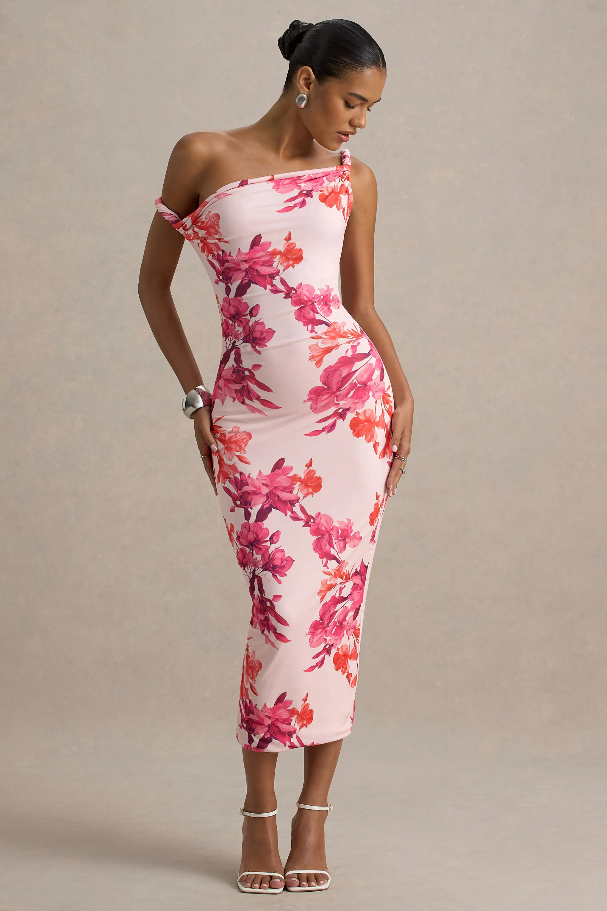 Tatian | Pink and Orange Floral Print Twisted Asymmetric Midi Dress - Image 5