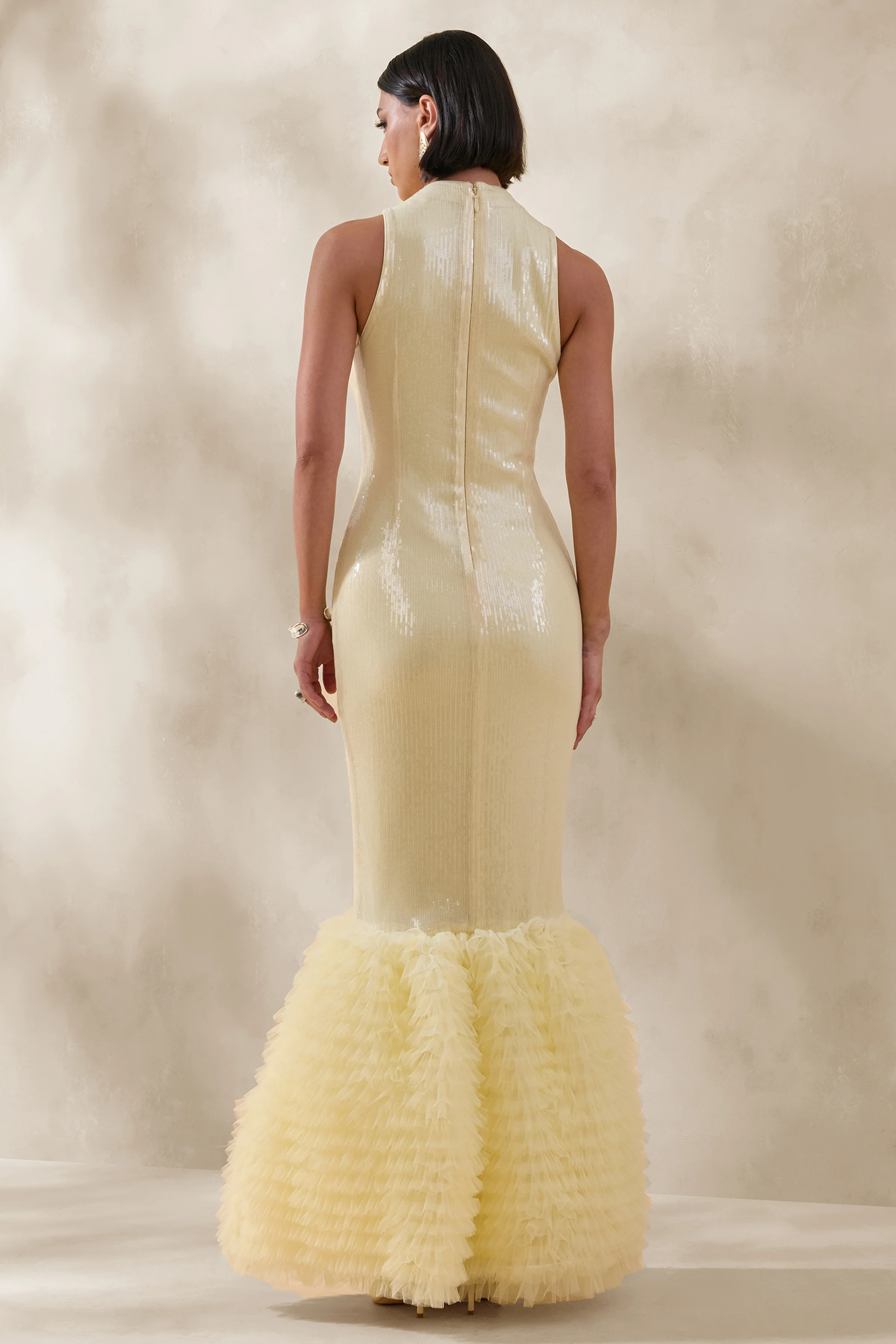 Teila | Lemon Sequin High-Neck Fishtail Maxi Dress - Image 2