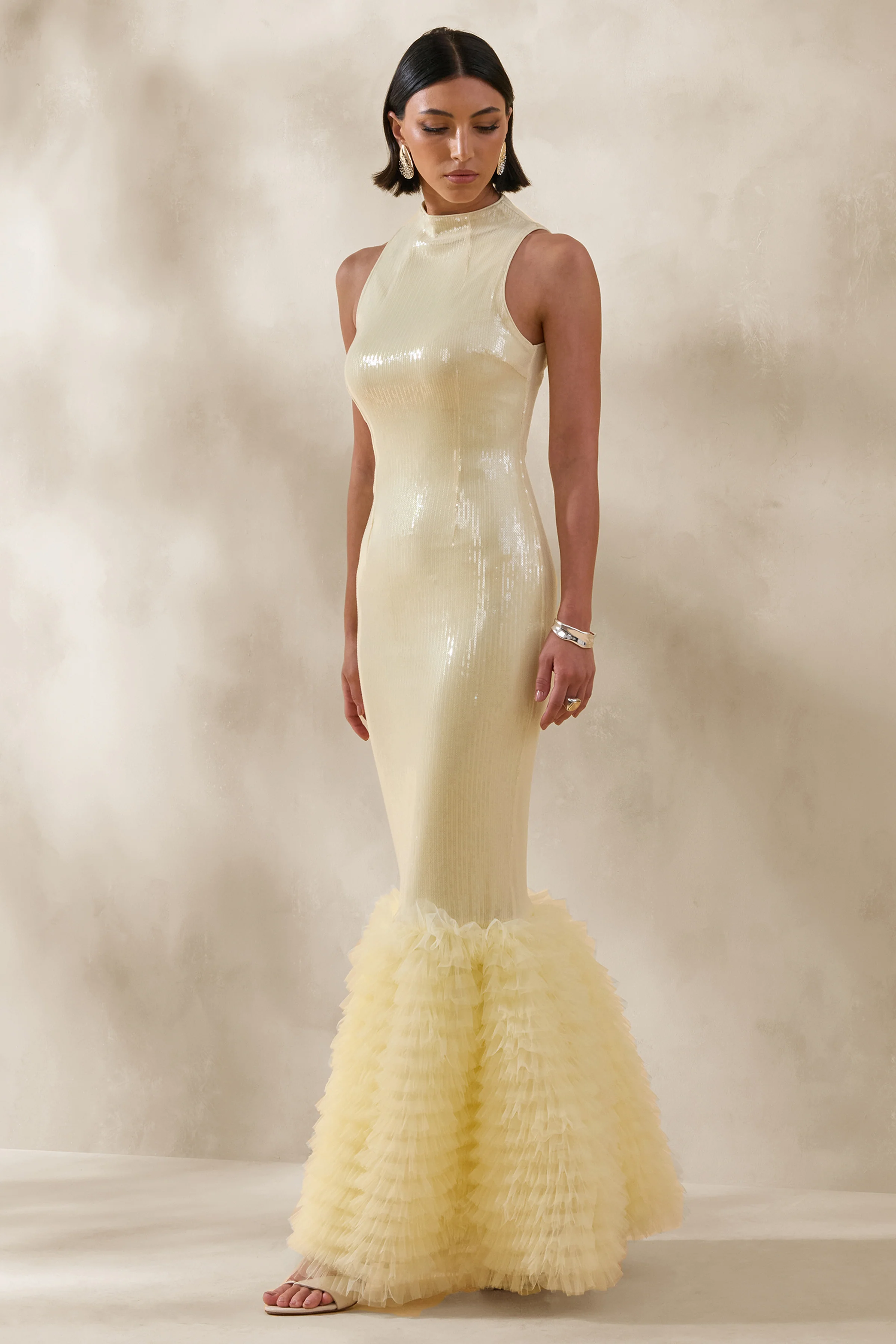 Teila | Lemon Sequin High-Neck Fishtail Maxi Dress - Image 4